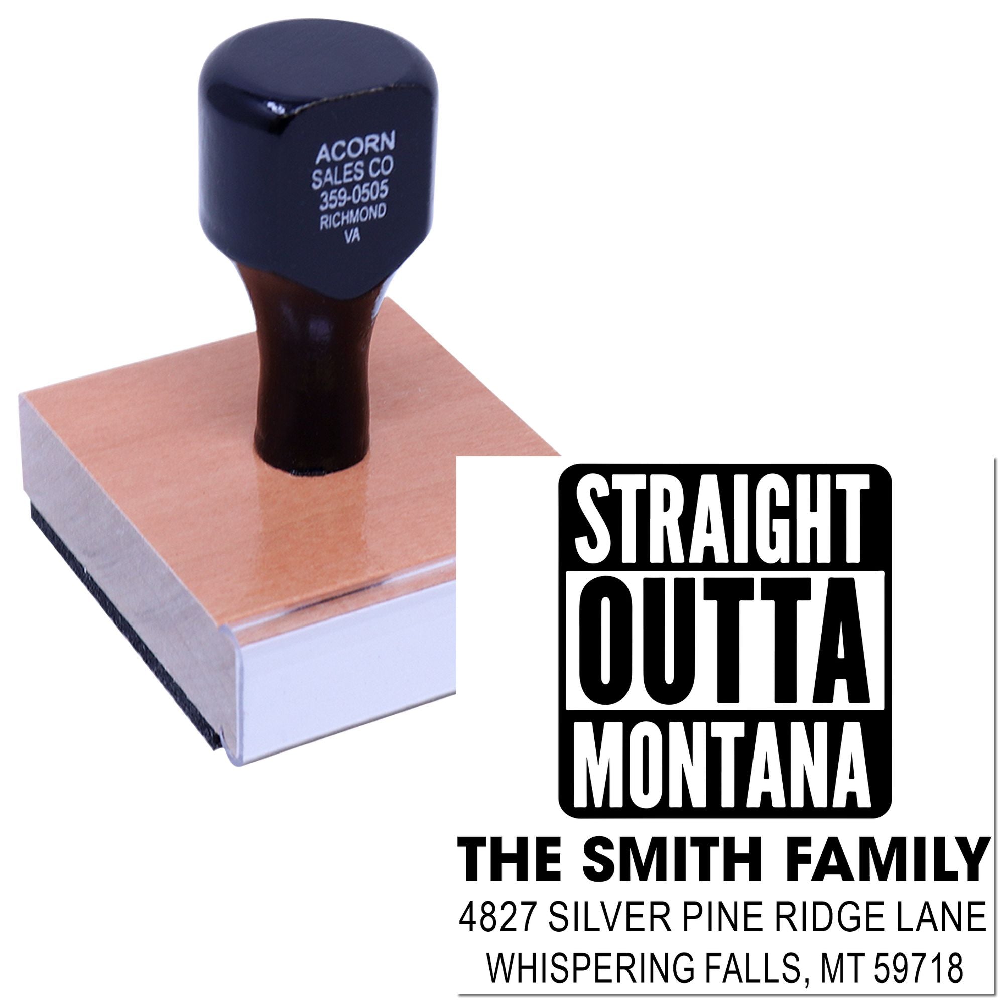 Custom personalized address rubber stamp with Straight Outta Montana The Smith Family imprint for mail and crafts