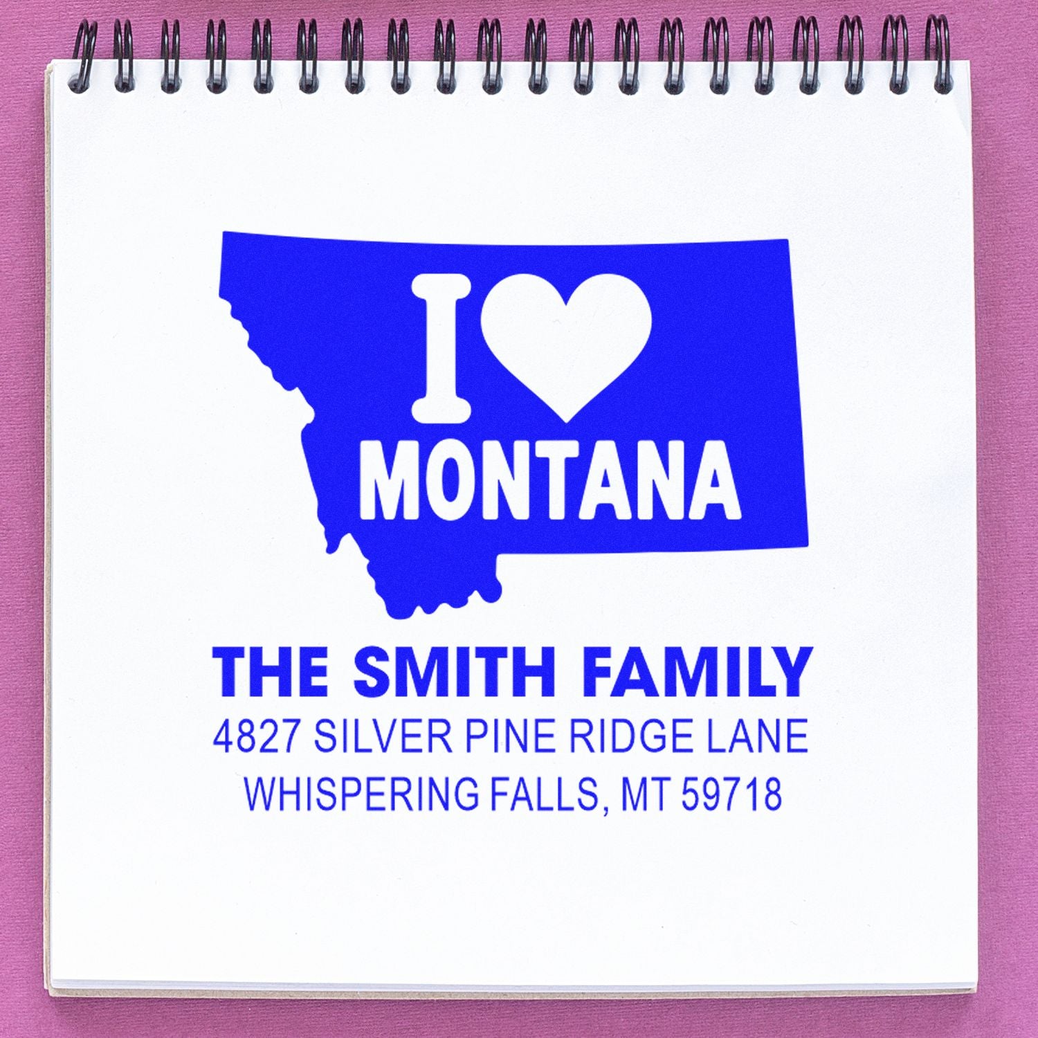 Personalized Montana return address rubber stamp with I Love Montana design for The Smith Family.