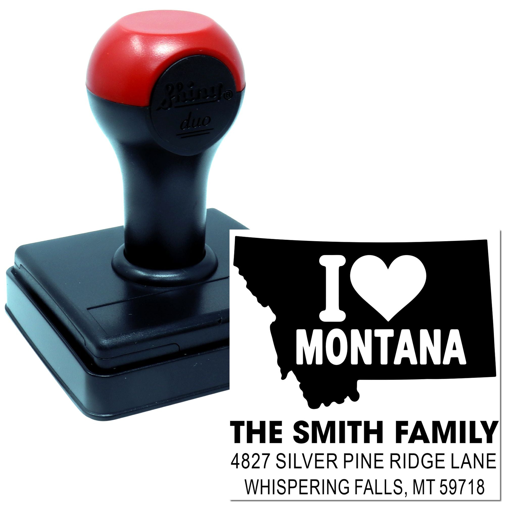 Custom self-inking address rubber stamp with Montana return address and I love Montana design for The Smith Family.
