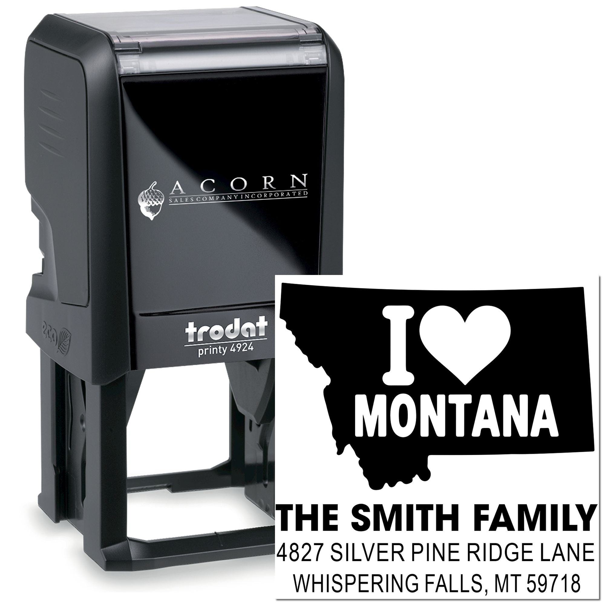 Custom self-inking rubber stamp with I Love Montana design and Smith family return address for personalized mailing.