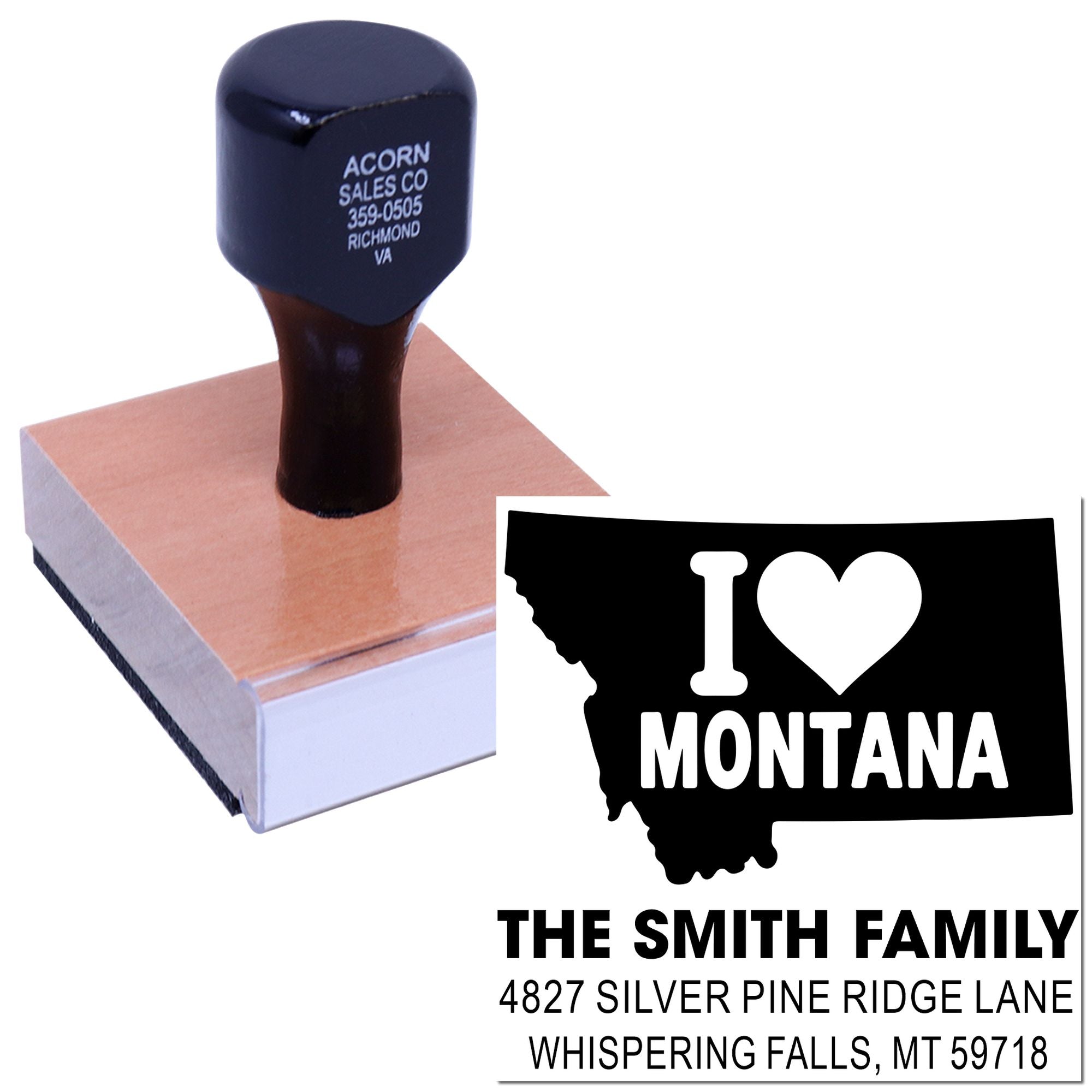 Custom rubber stamp with I Love Montana design and The Smith Family return address imprint