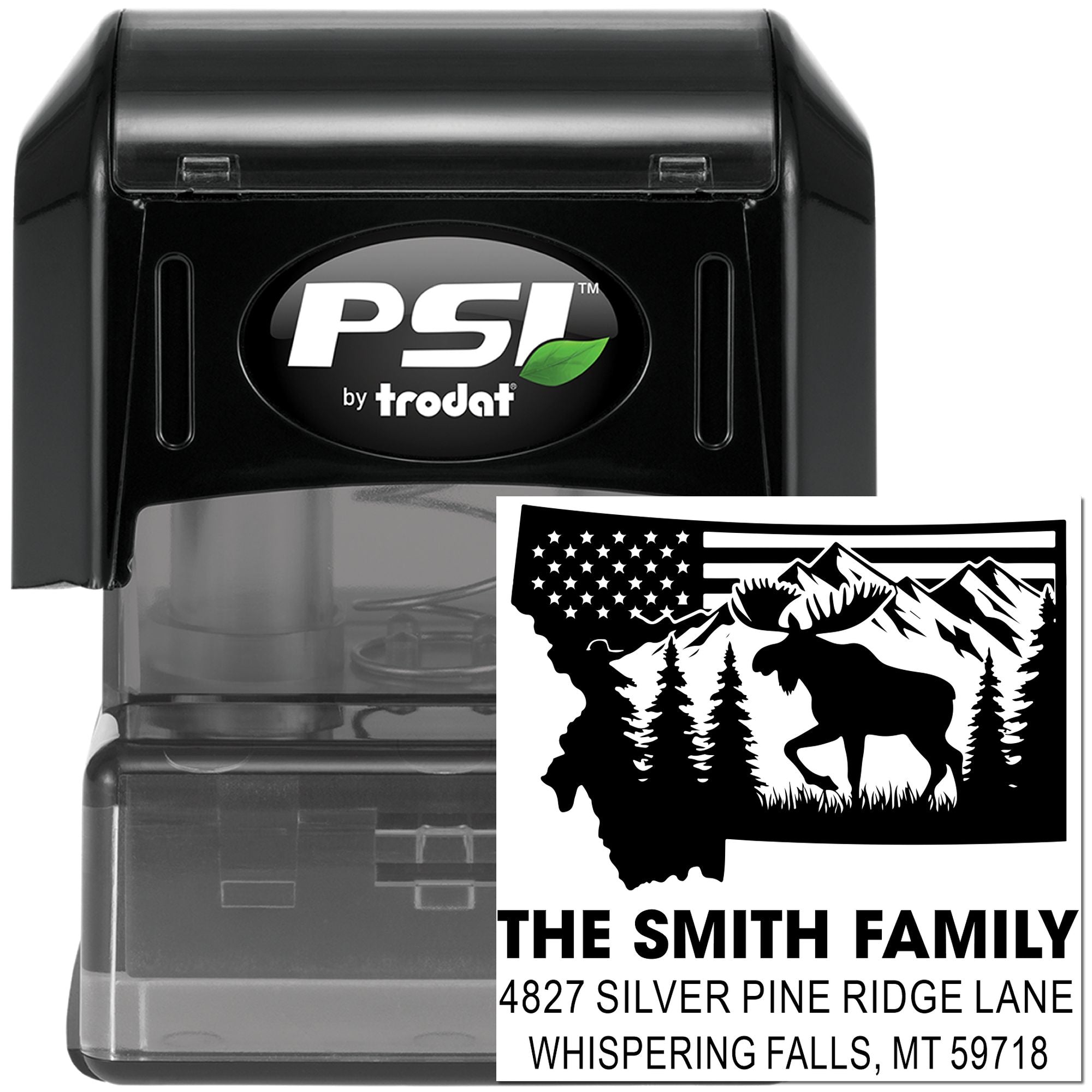 Custom Montana wildlife return address rubber stamp, personalized PSI by Trodat self-inking stamp with elk, mountains, and address design