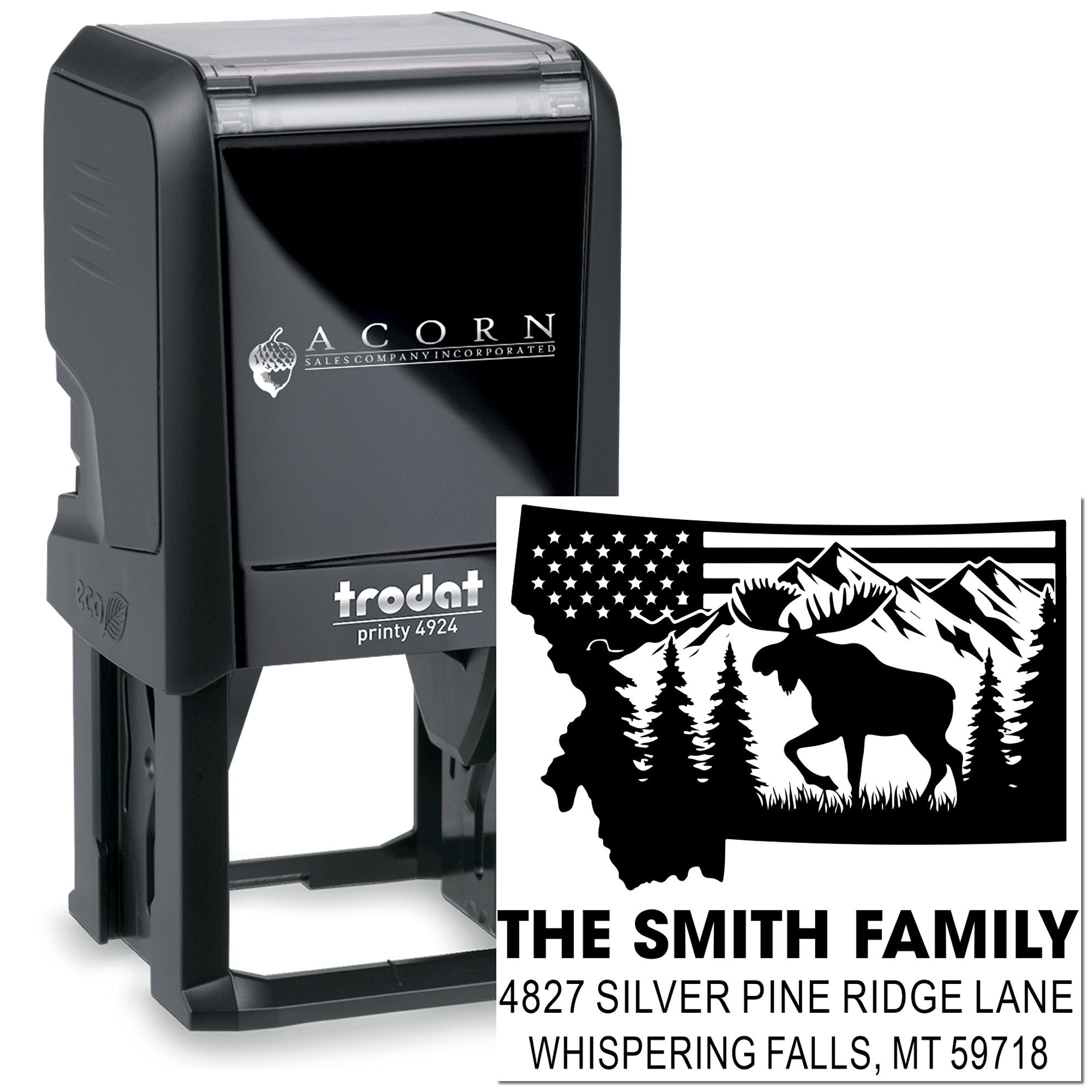 Custom self-inking rubber address stamp with Montana elk and mountain design for The Smith Family mailing address.