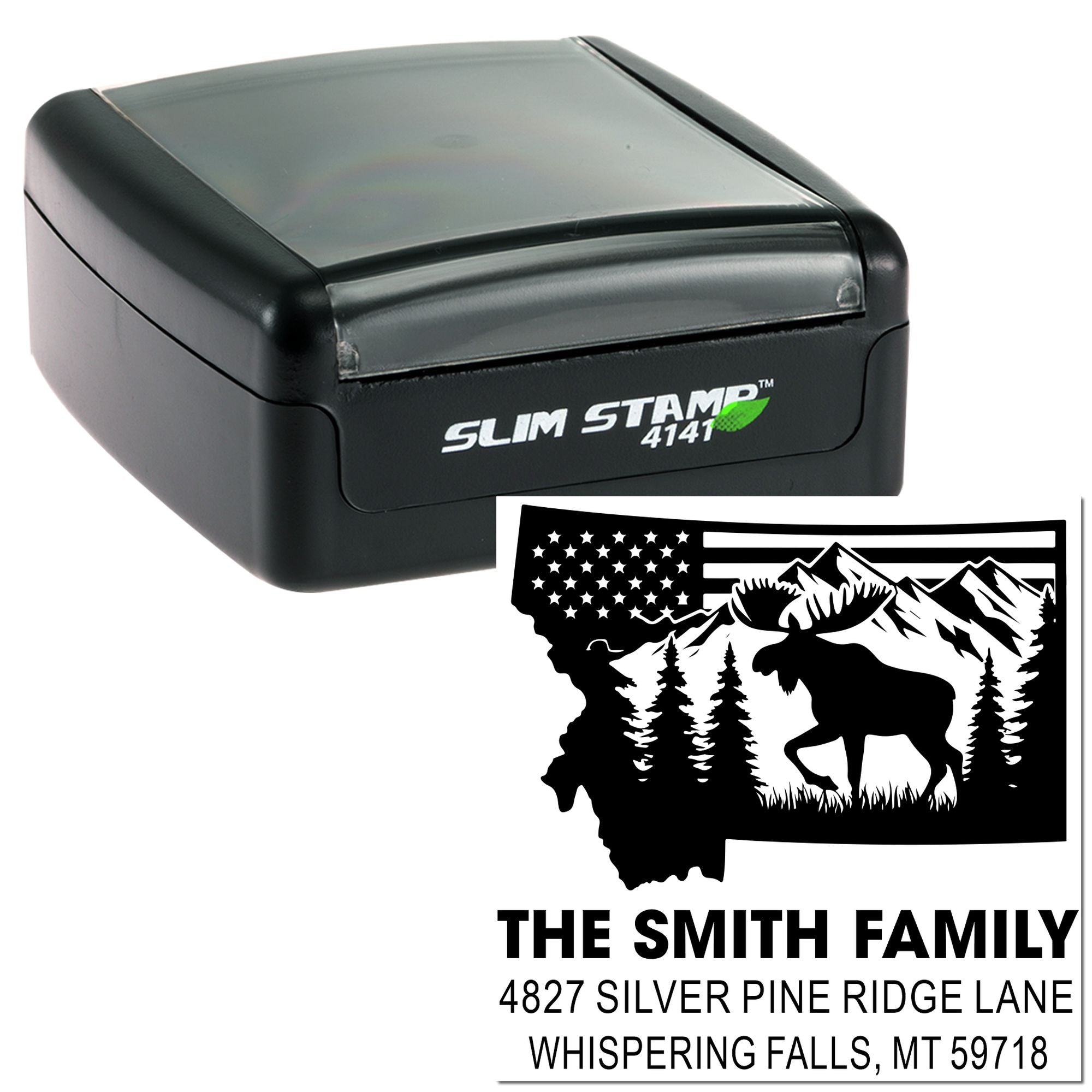 Custom self-inking address rubber stamp with Montana moose and mountain design for personalized family mail.