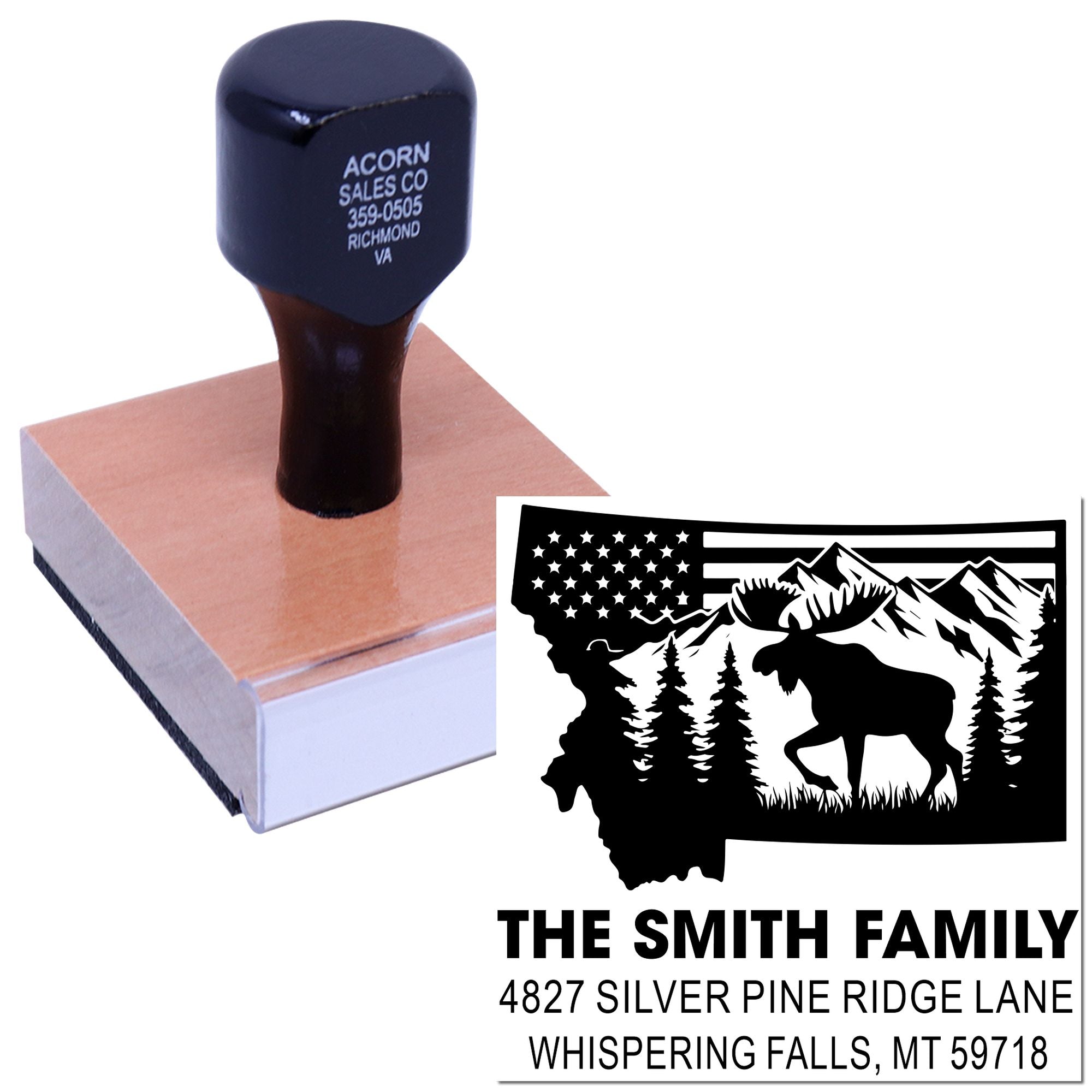 Personalized return address rubber stamp featuring Montana wildlife and The Smith Family address.