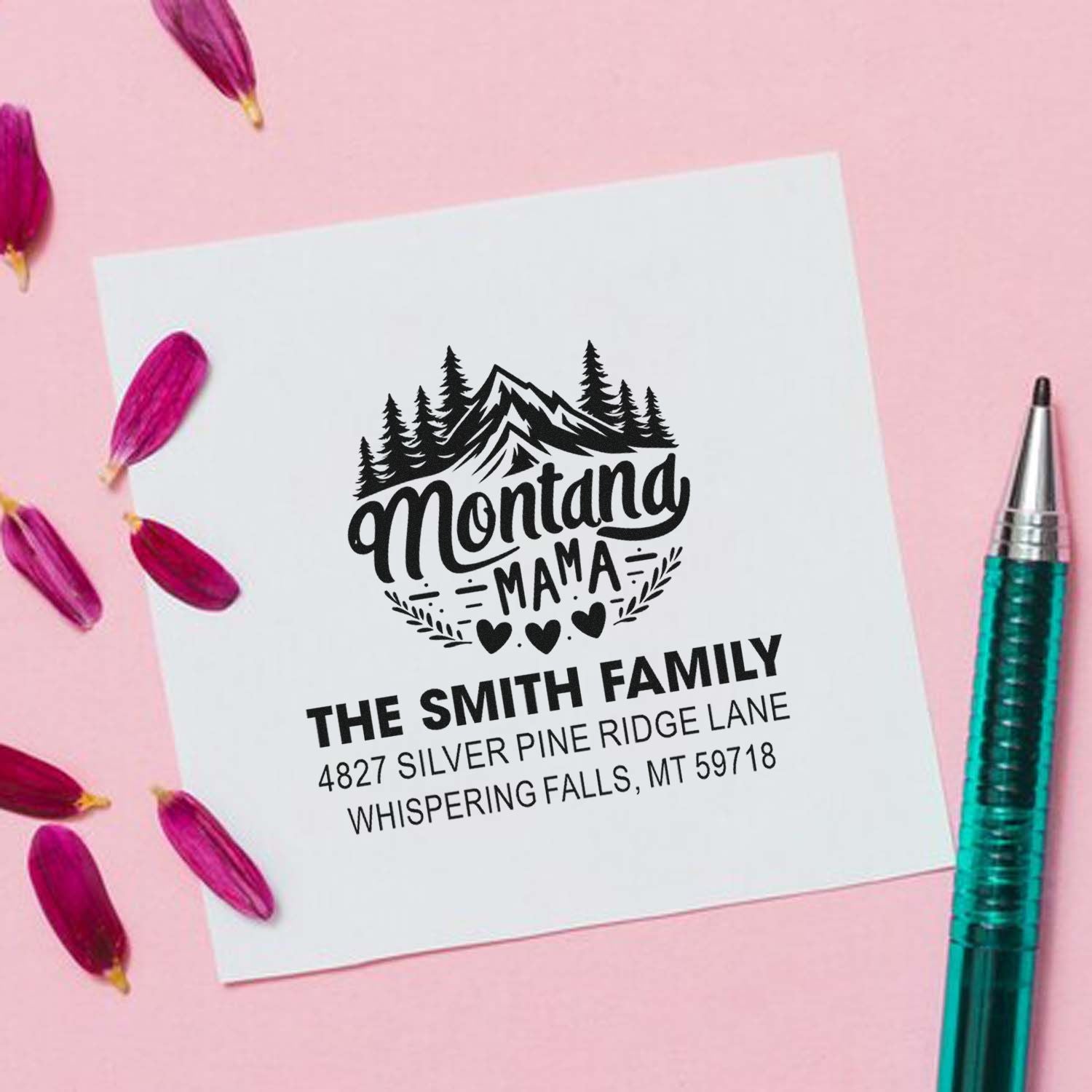 Custom Montana Mama return address rubber stamp with mountain design for The Smith Family personalized mail.