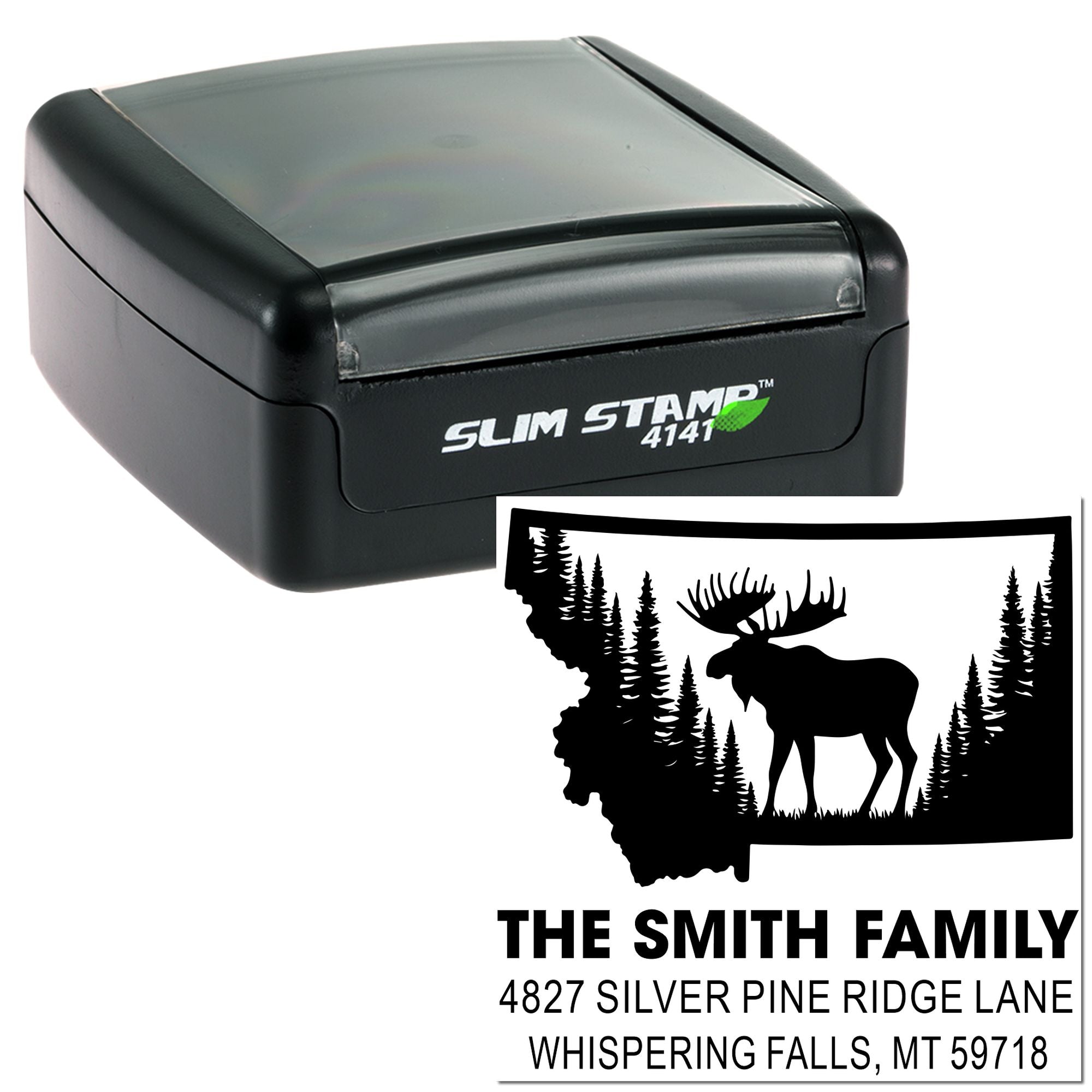 Custom self-inking return address rubber stamp with moose and pine trees for The Smith Family.