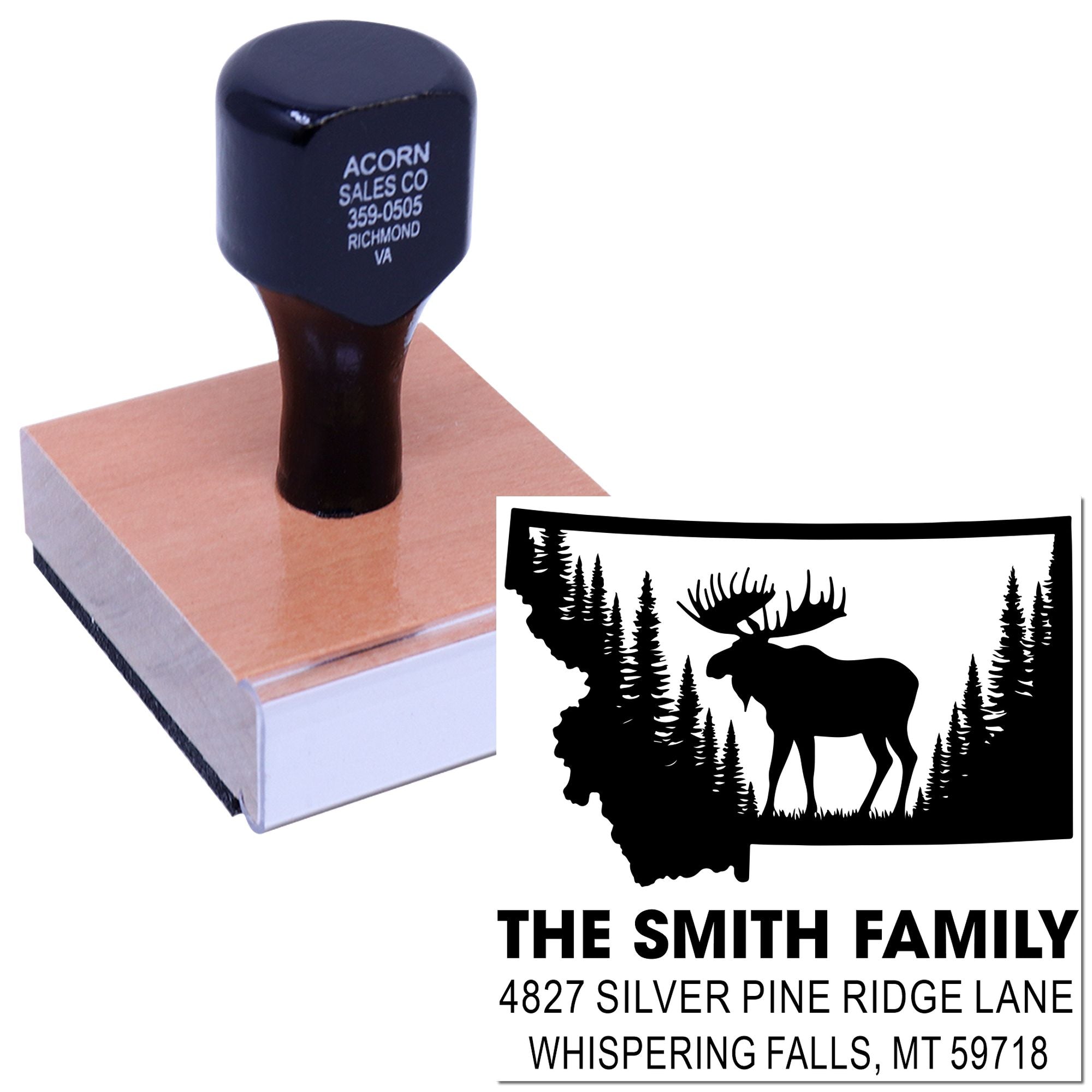 Personalized self-inking rubber address stamp with Montana moose design and The Smith Family return address