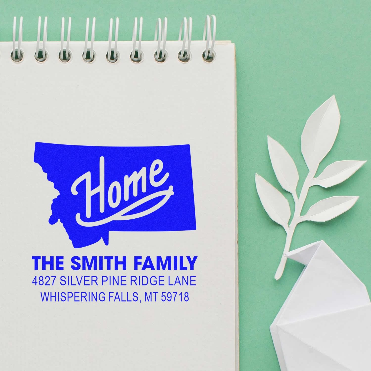 Personalized Montana home return address rubber stamp for The Smith Family with full mailing address.