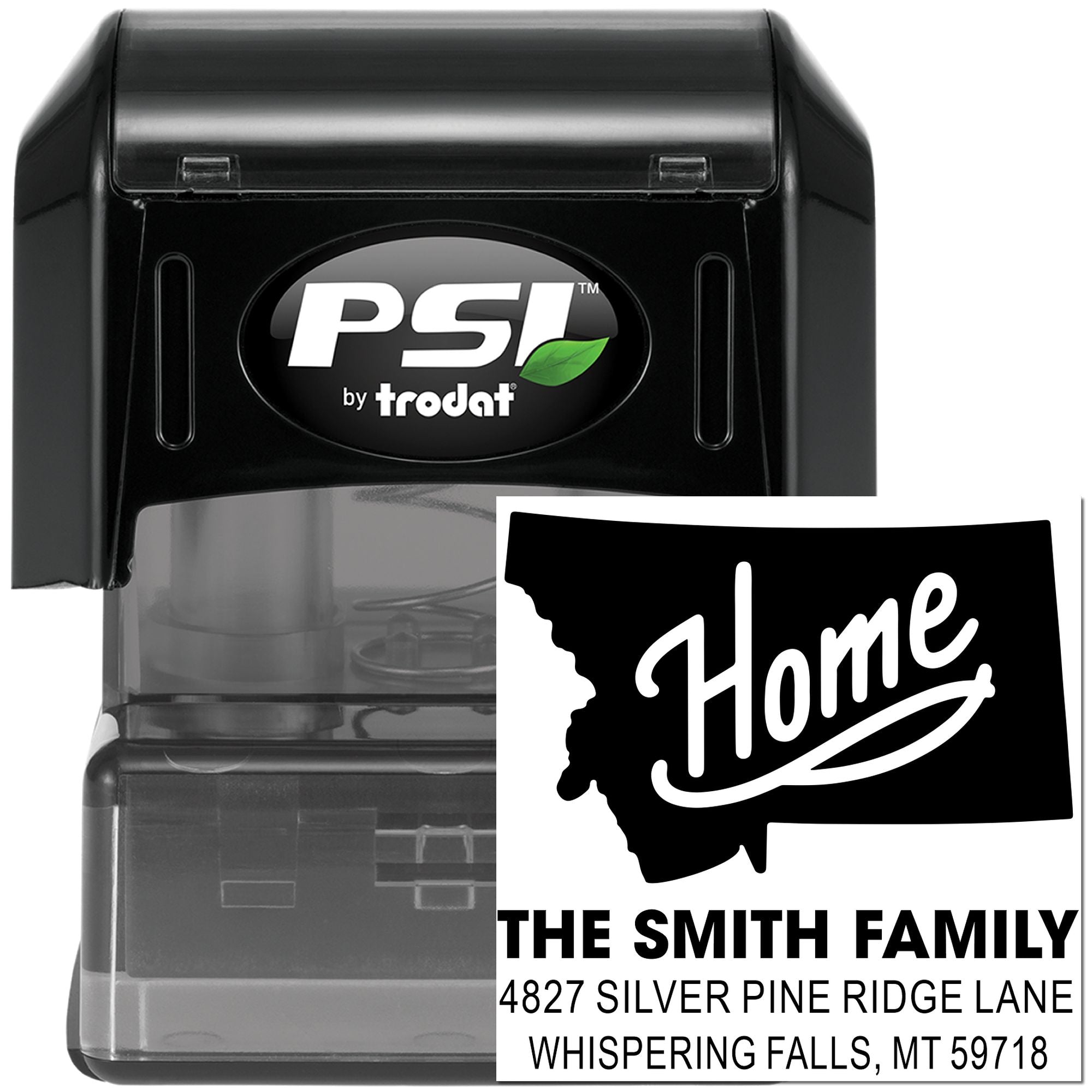 Custom PSI by Trodat self-inking return address rubber stamp with Montana Home design for The Smith Family.