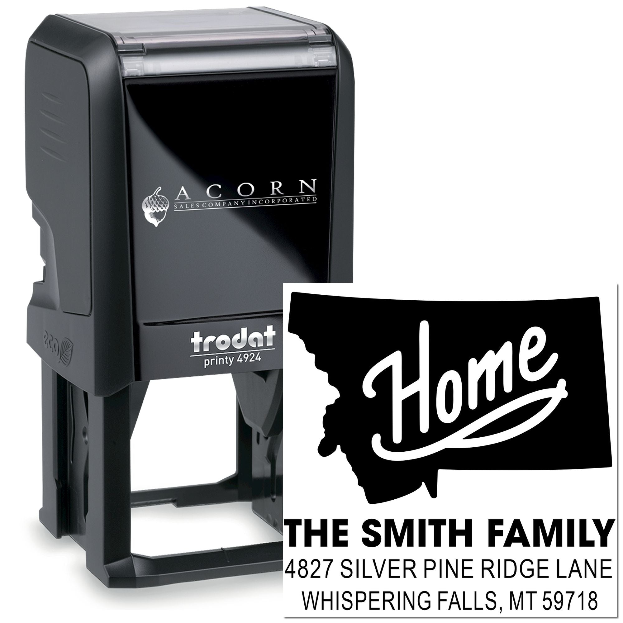 Custom self-inking rubber address stamp with Home design for The Smith Family and return mailing address.