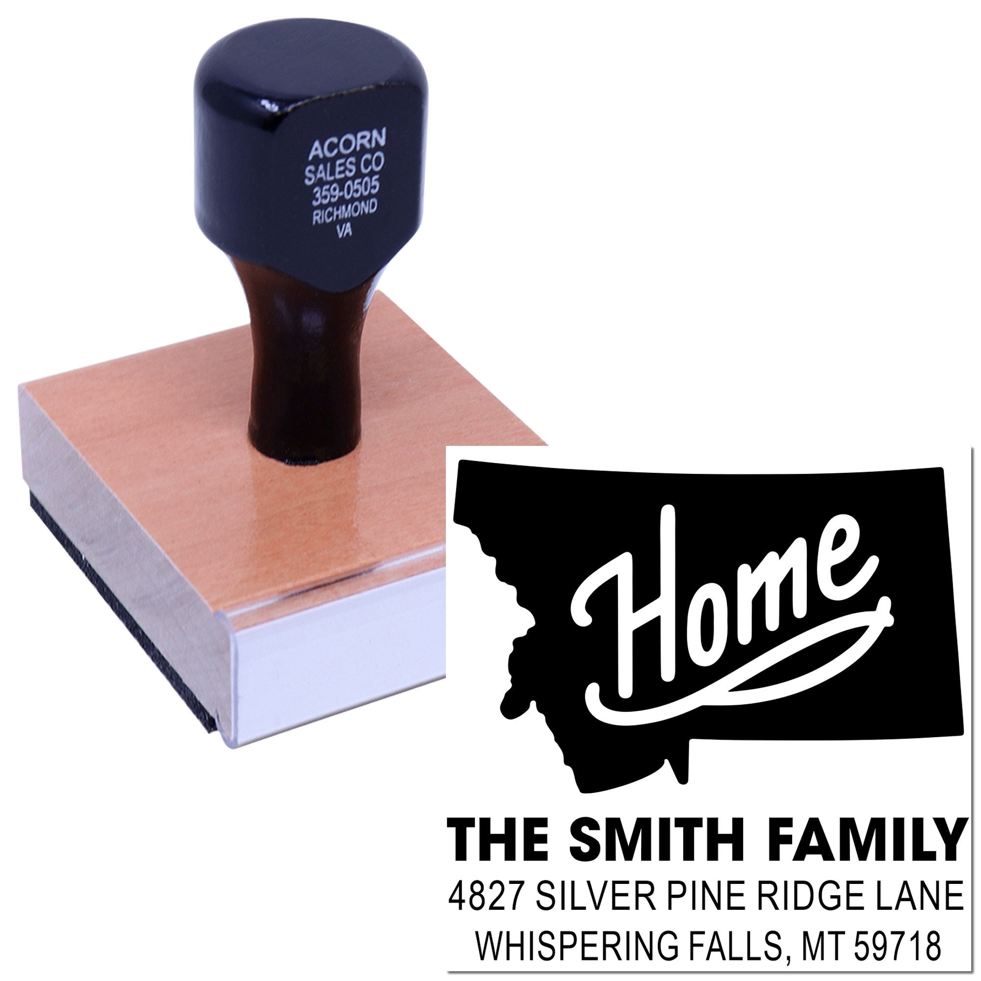 Personalized return address rubber stamp featuring a Montana state home design for The Smith Family mailing.