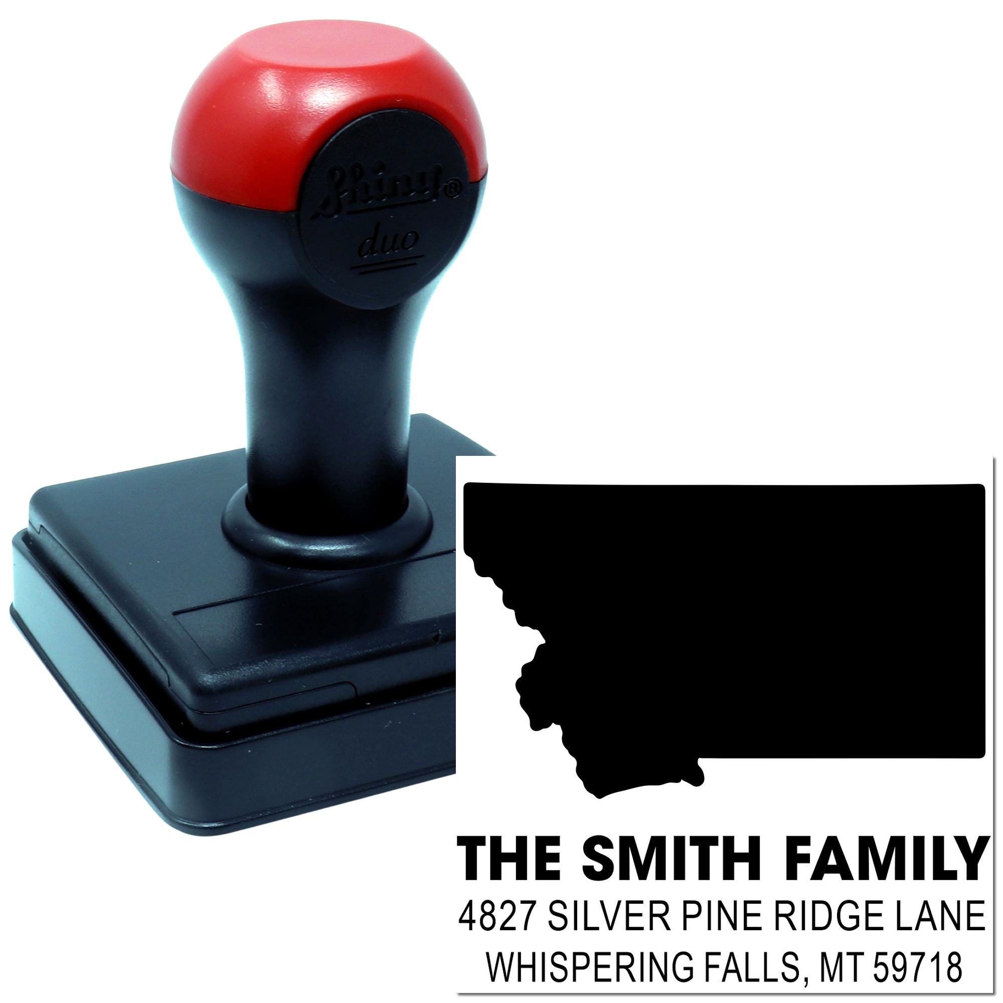 Custom self-inking return address rubber stamp with Montana state silhouette for mailing envelopes and home correspondence.