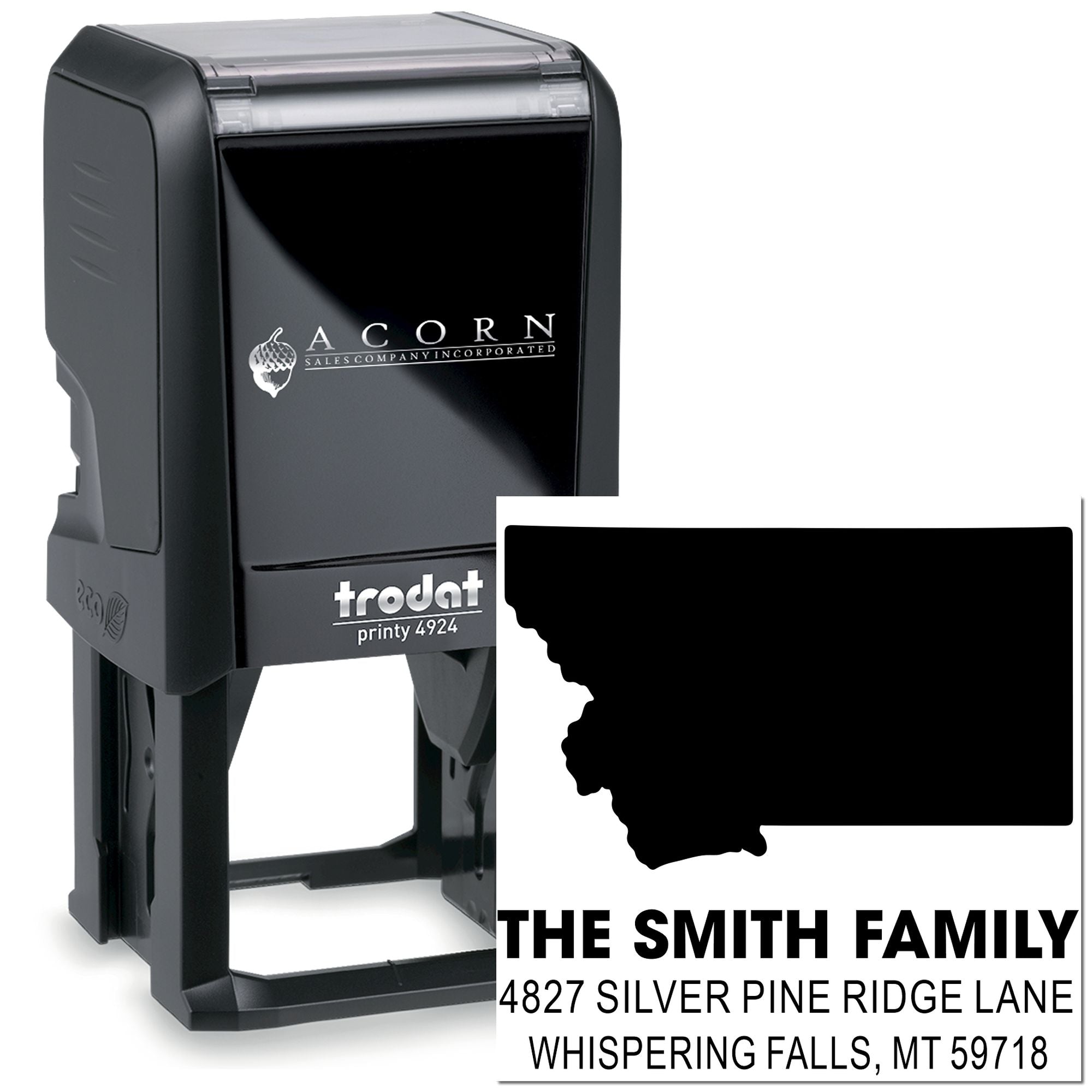 Personalized self-inking address stamp with Montana silhouette for The Smith Family return address.