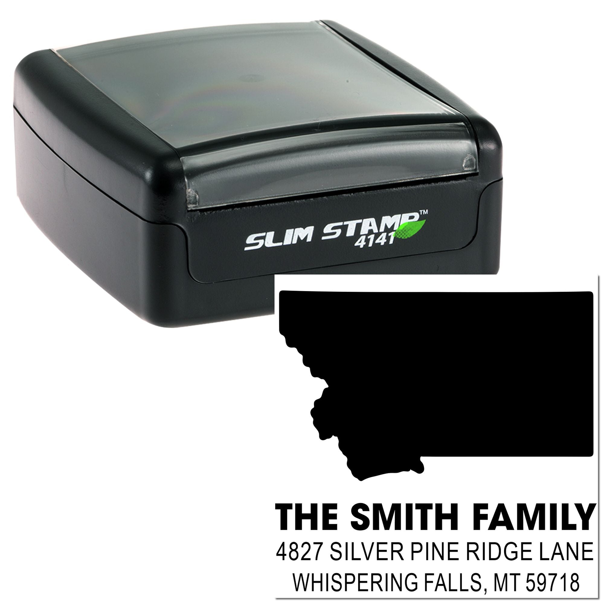 Custom self-inking address stamp with Montana silhouette and personalized Smith family mailing address rubber stamp.