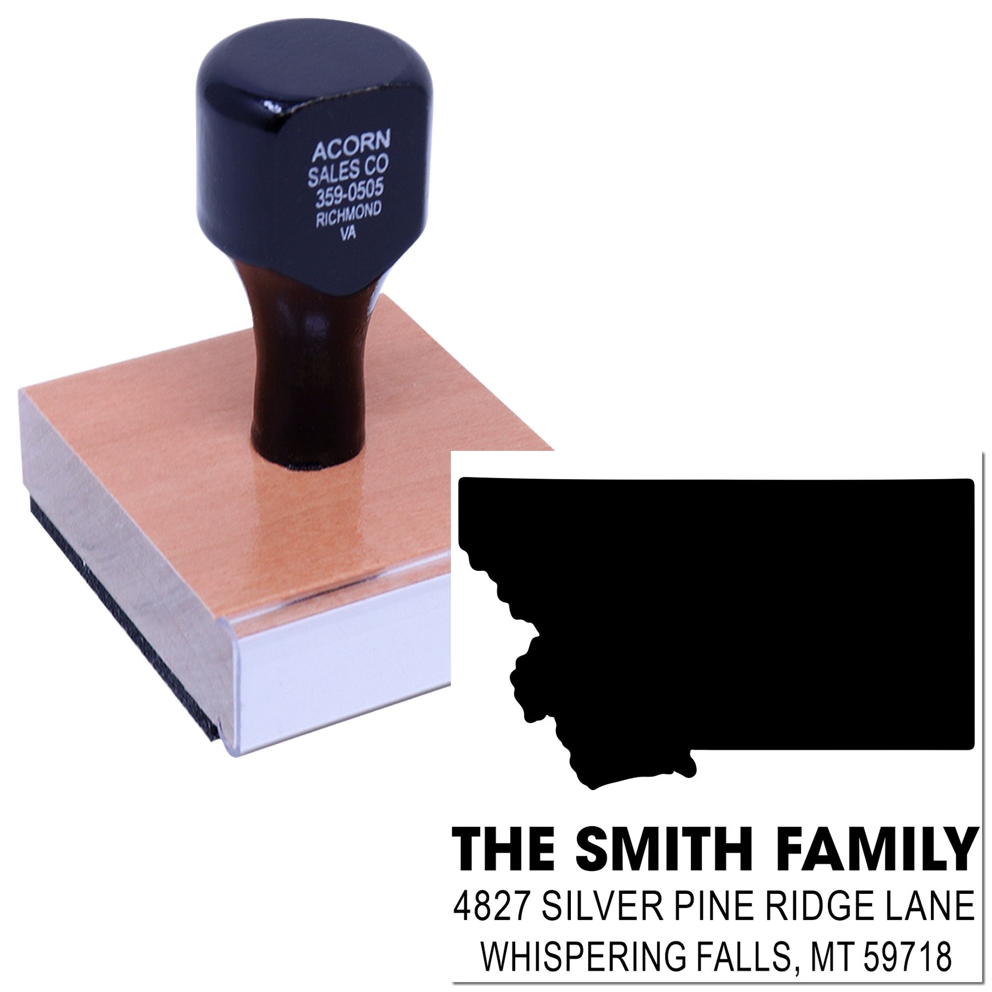 Personalized address rubber stamp with Montana silhouette for The Smith Family, Whispering Falls, MT 59718.