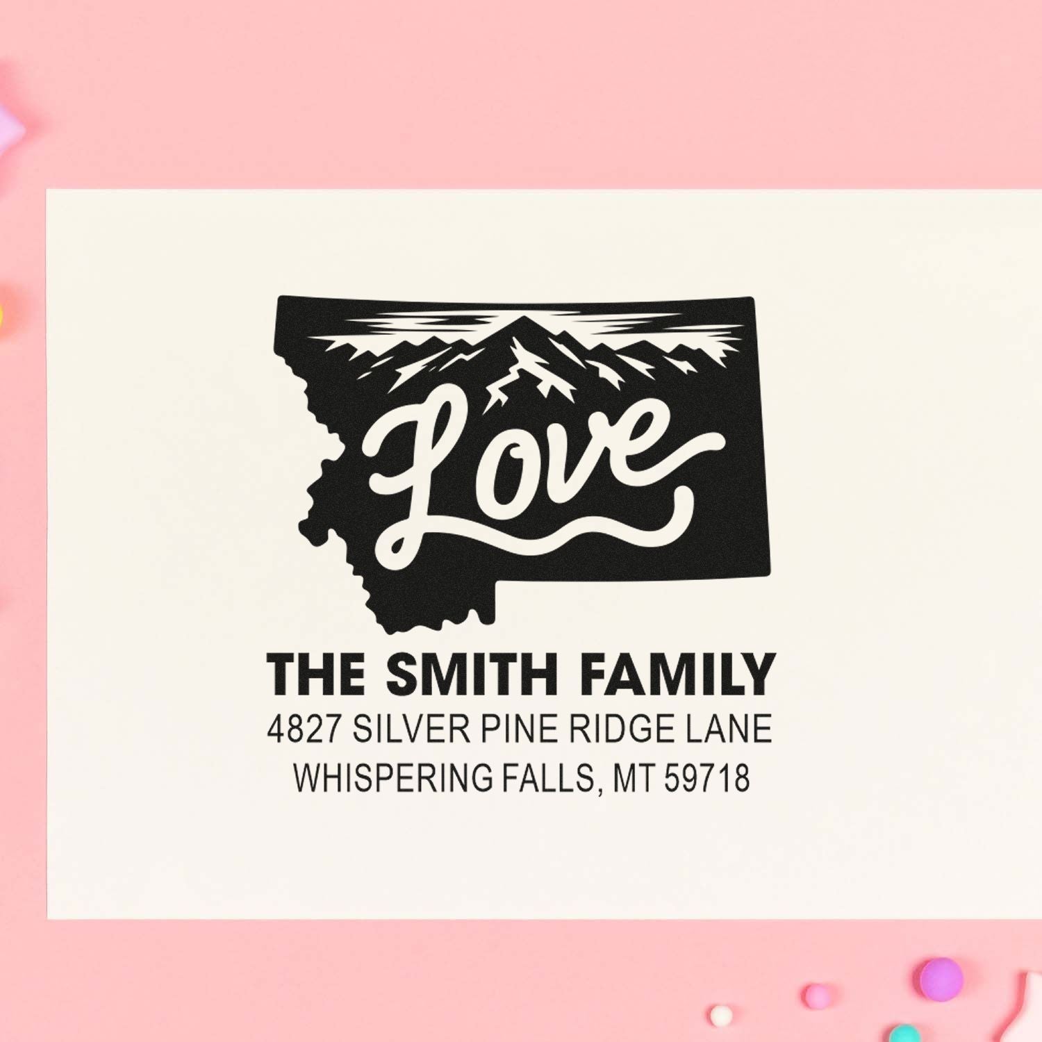 Custom Montana return address rubber stamp with mountain Love design for The Smith Family mailings and invitations.