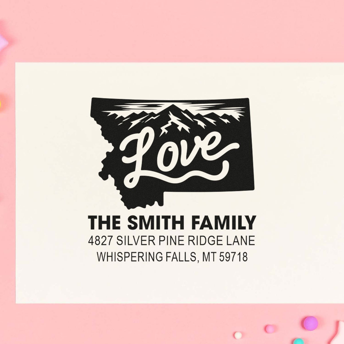 Custom family return address rubber stamp with Montana mountain design and Love script for personalized mail and gifts