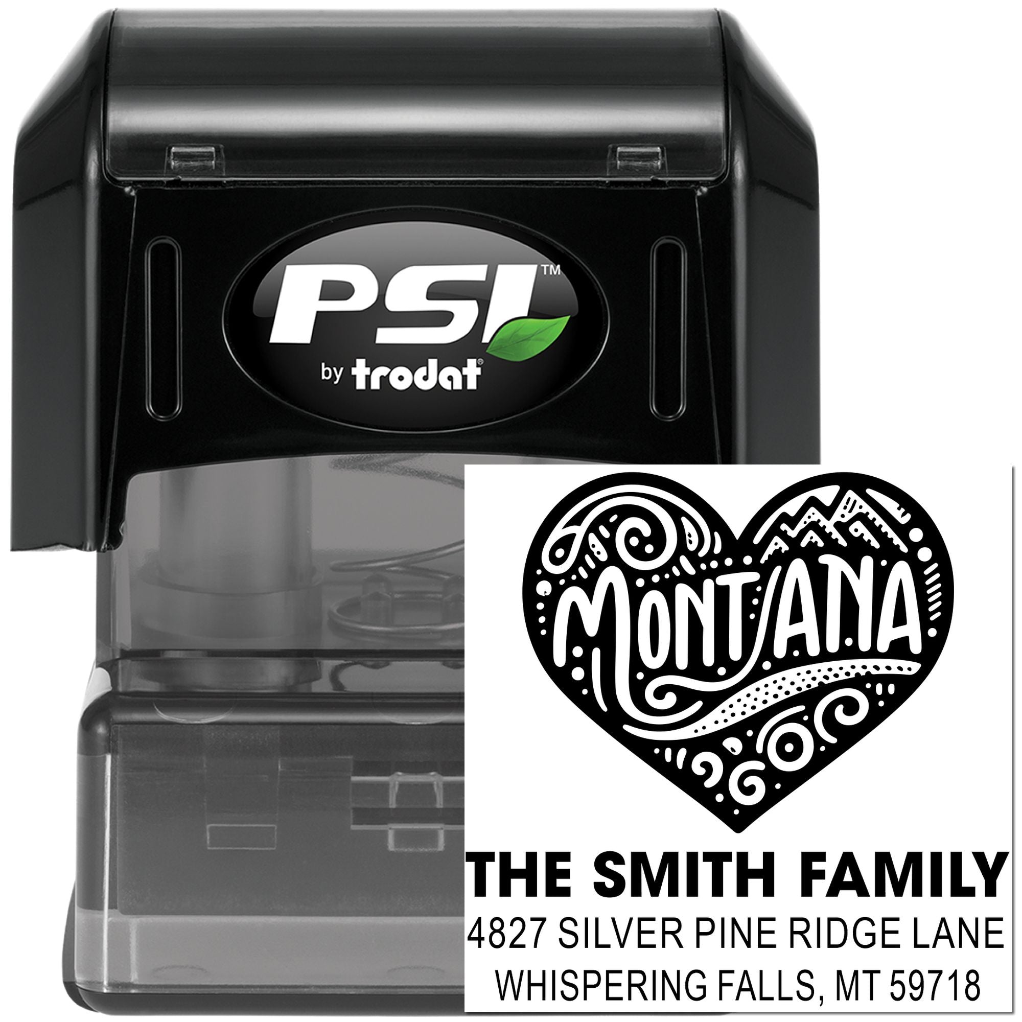 Custom Montana return address rubber stamp by PSI by Trodat with heart design for The Smith Family mailing labels