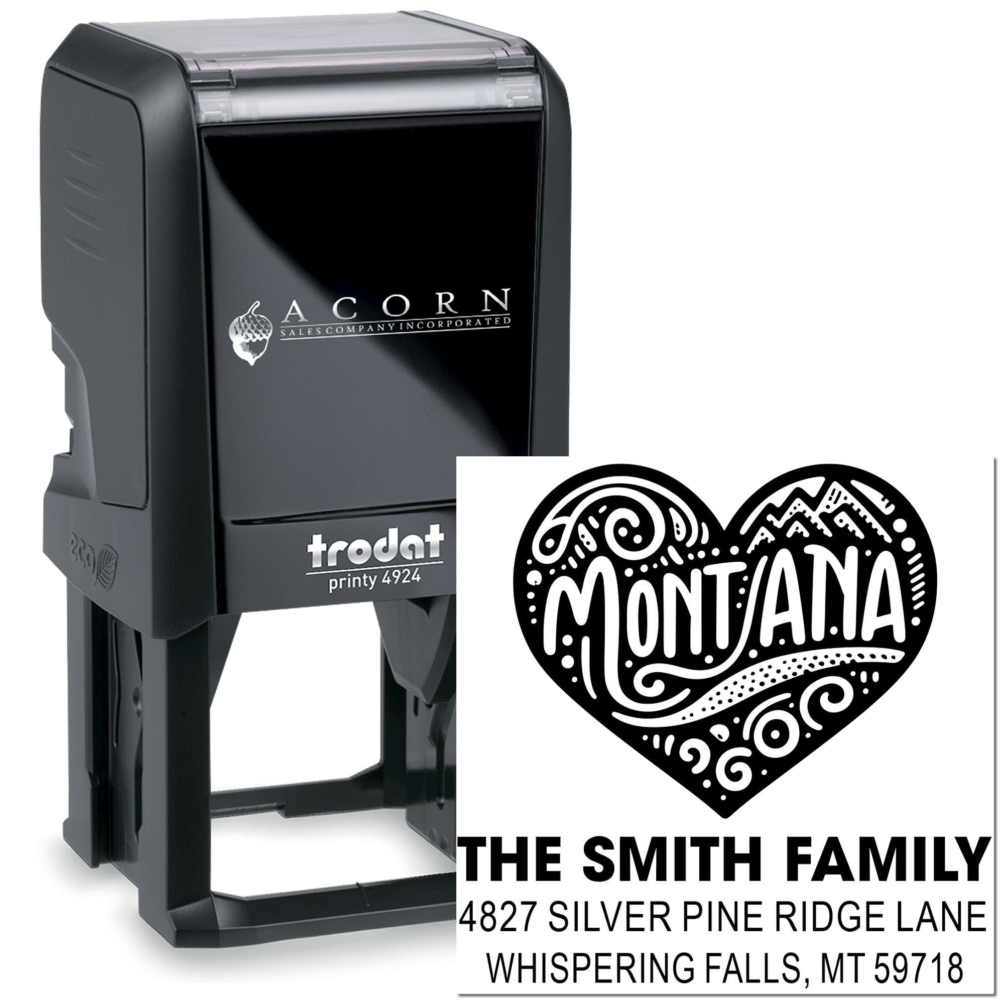 Trodat Printy 4924 self-inking rubber address stamp with Montana heart design for The Smith Family.