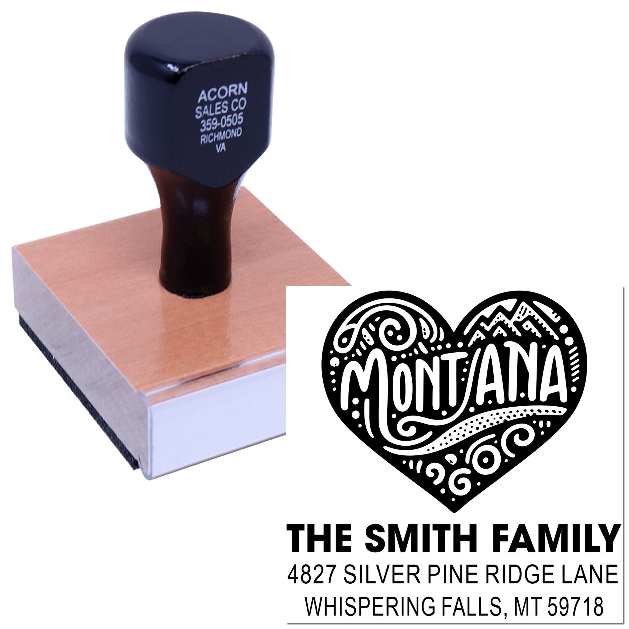 Personalized Montana family address rubber stamp with heart design for custom mailing, wedding invites, and crafts.