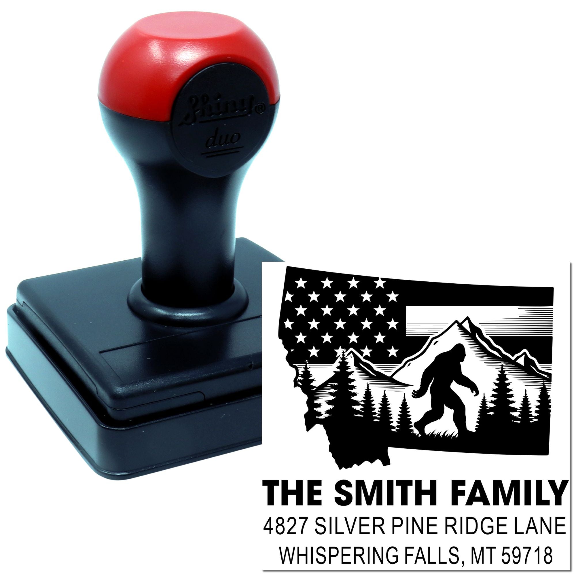 Custom self-inking rubber stamp with Montana Bigfoot family address design for personalized mailing and craft use.