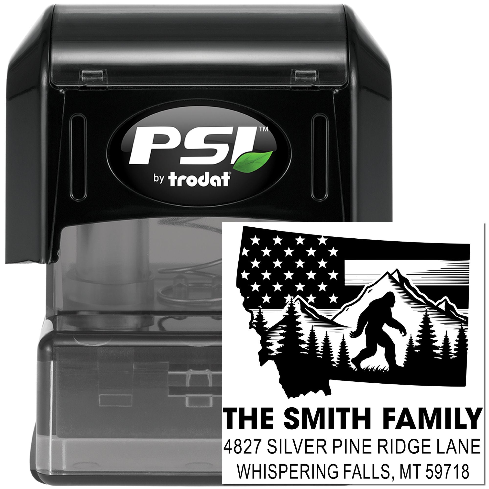 Custom self-inking rubber address stamp by PSI Trodat, featuring family name, return address, and mountain design.