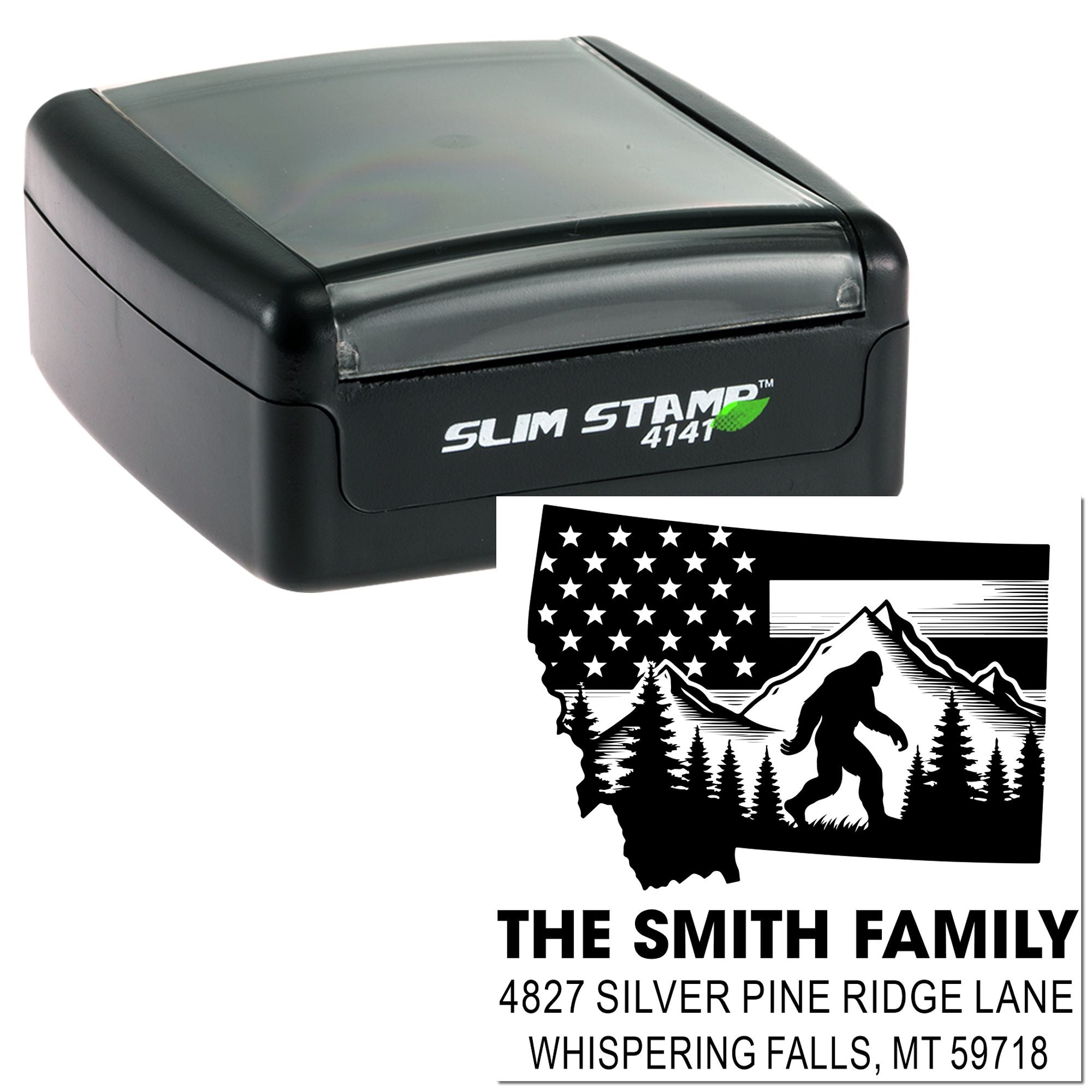 Bigfoot Montana Personalized Adventure Stamp, Custom 3-Line 1-5/8" Square Rubber Stamp for Small Business, Outdoor Adventure & Slim Pre-Inked Style