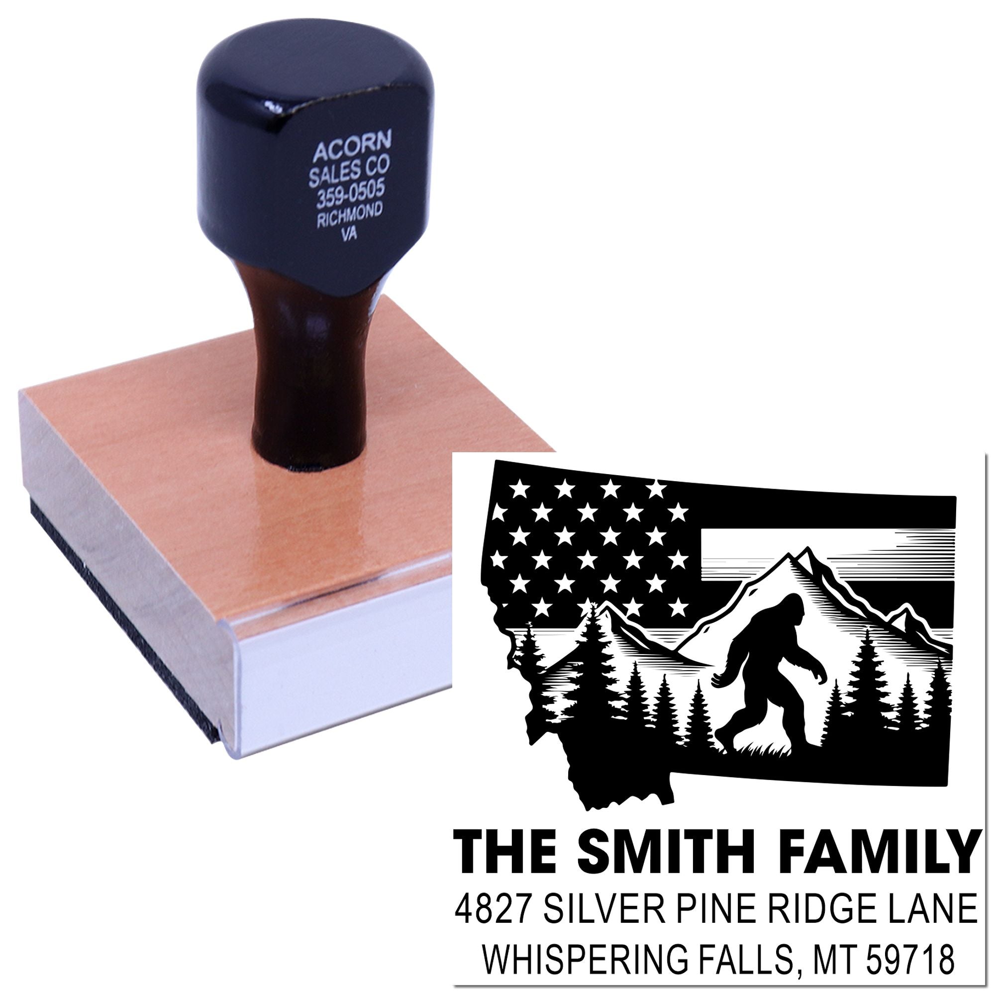 Personalized rubber address stamp with family name and return address, featuring a custom state and wildlife design.