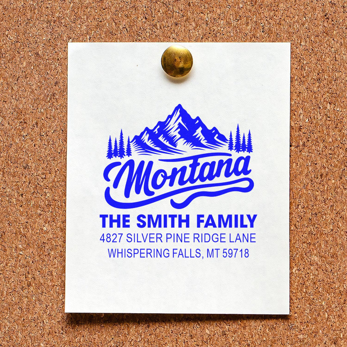 Custom Montana family return address rubber stamp for The Smith Family, with mountain logo.