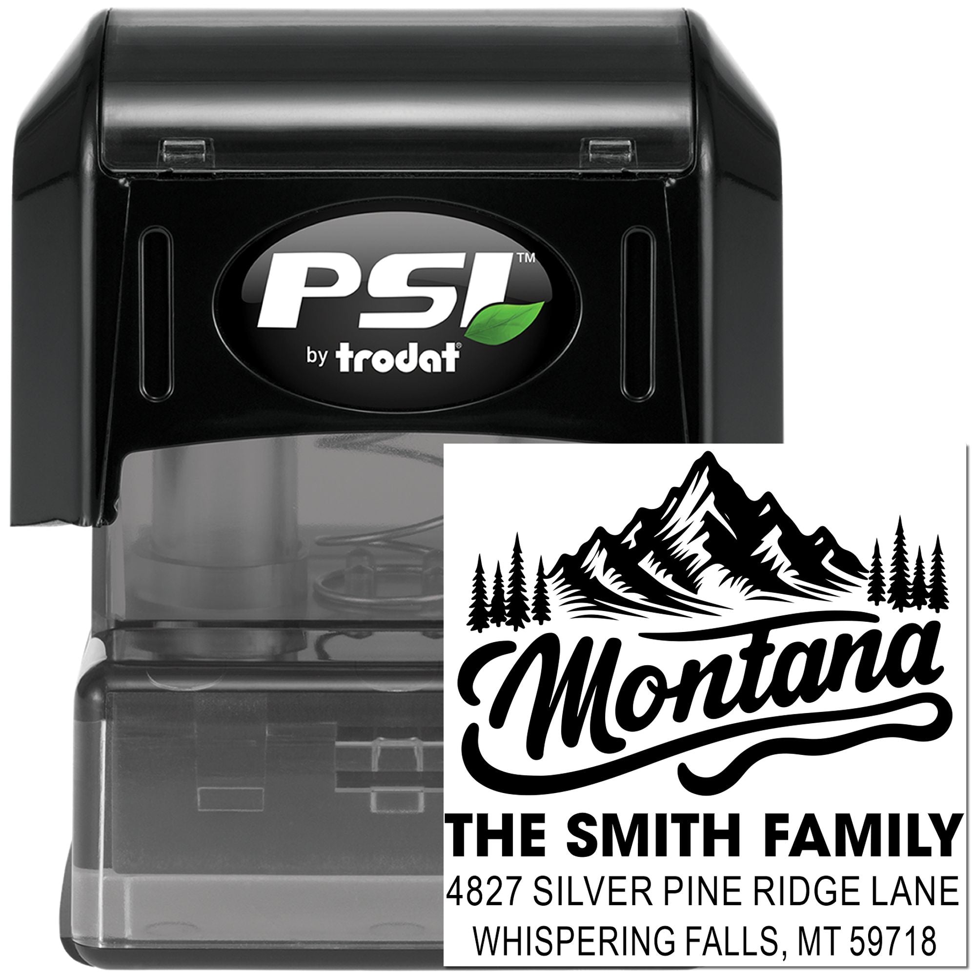 Custom self-inking rubber address stamp with Montana mountain design, The Smith Family name, and address by PSI by Trodat.