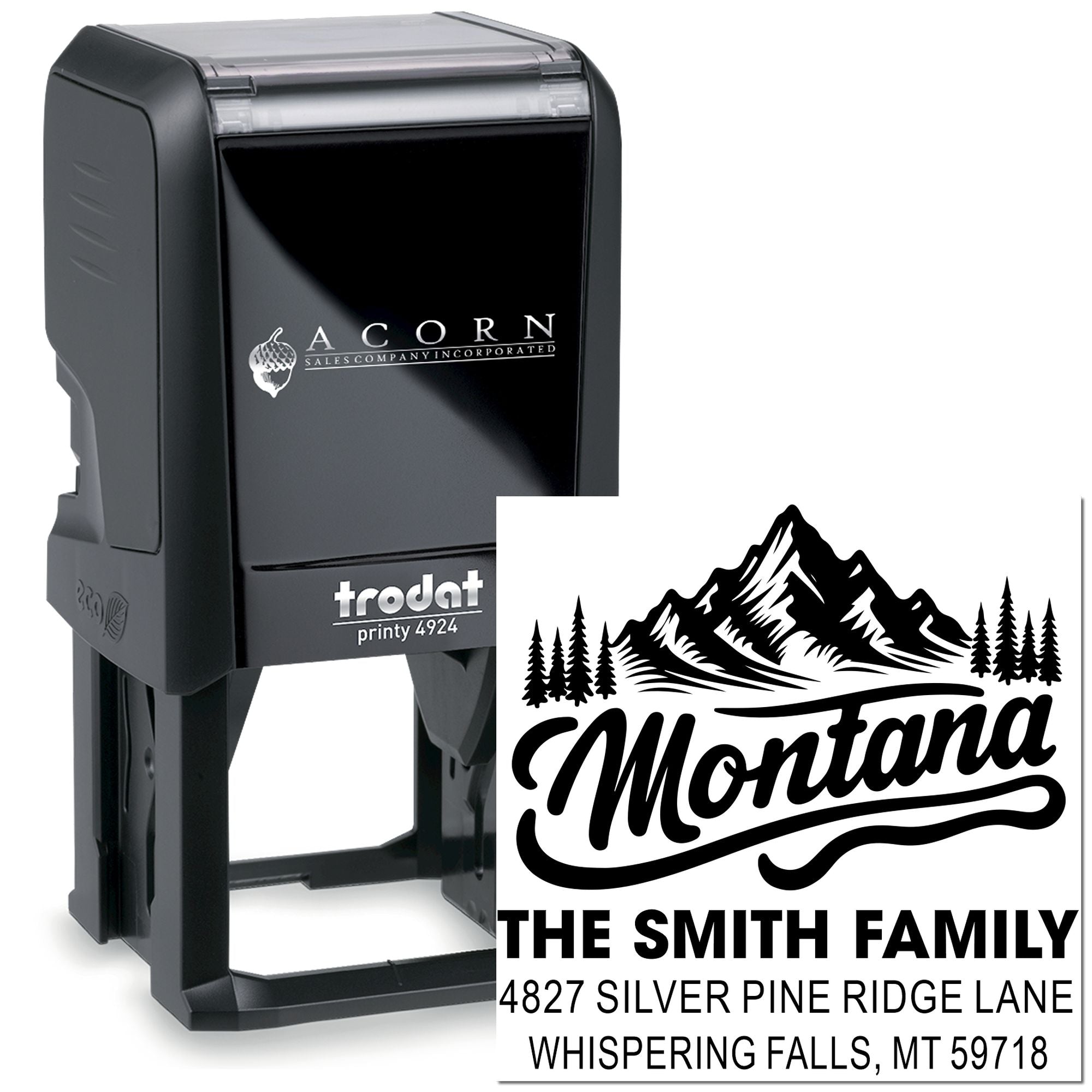 Custom self-inking rubber stamp with Montana mountain family return address design for mailing envelopes