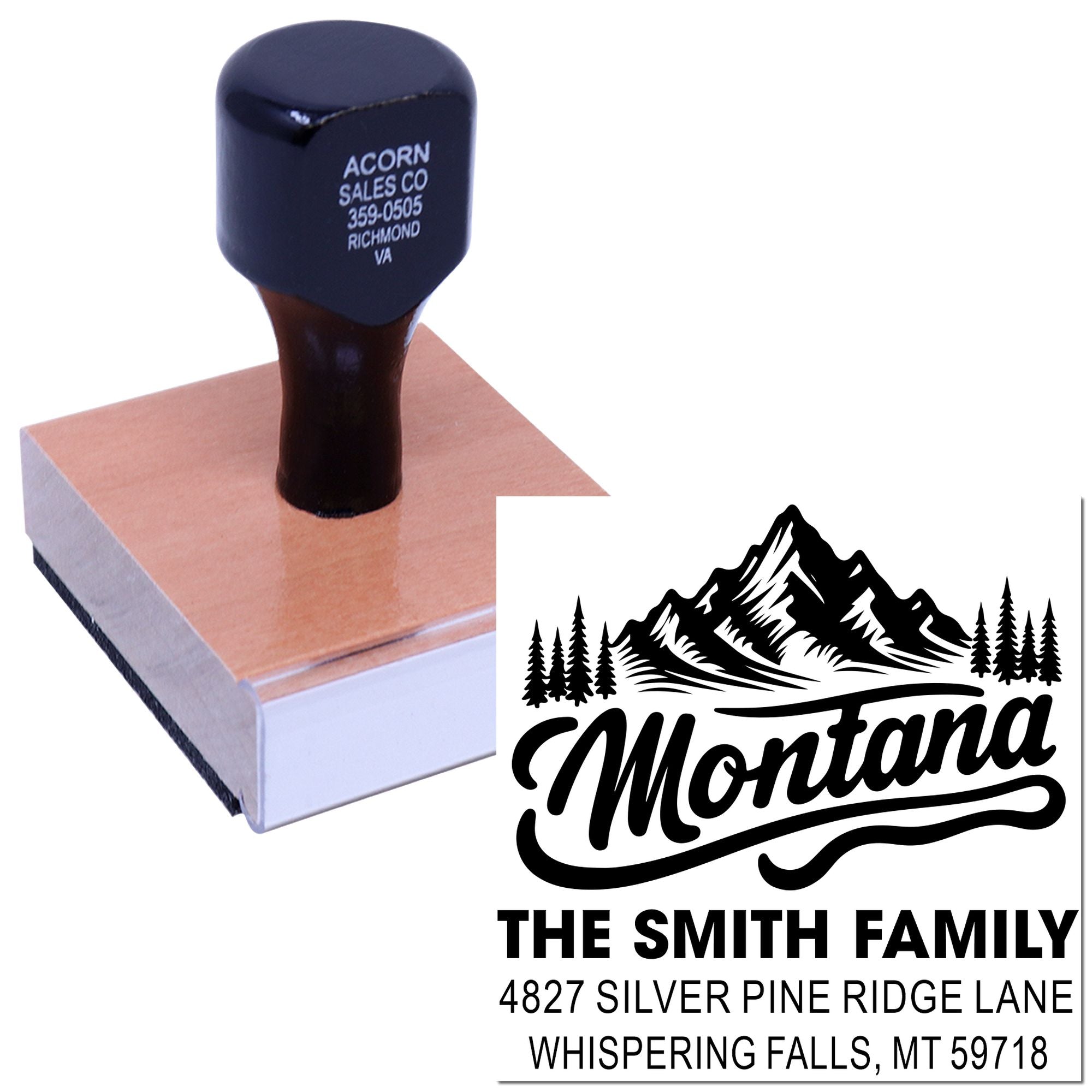 Personalized mountain return address rubber stamp for The Smith Family with custom logo and full mailing address.