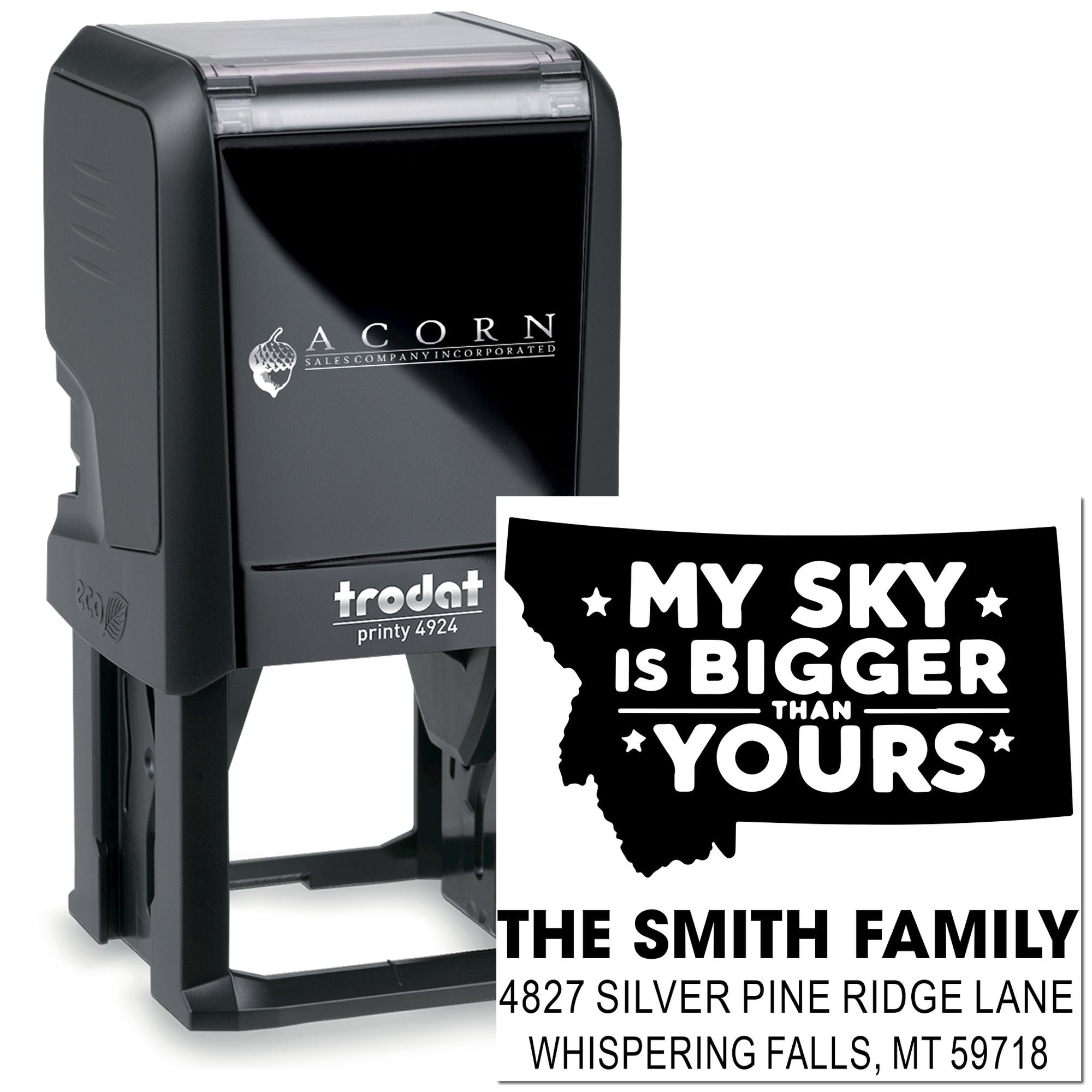 Custom self-inking rubber stamp, Trodat Printy 4924, with Montana address and family return-address design.