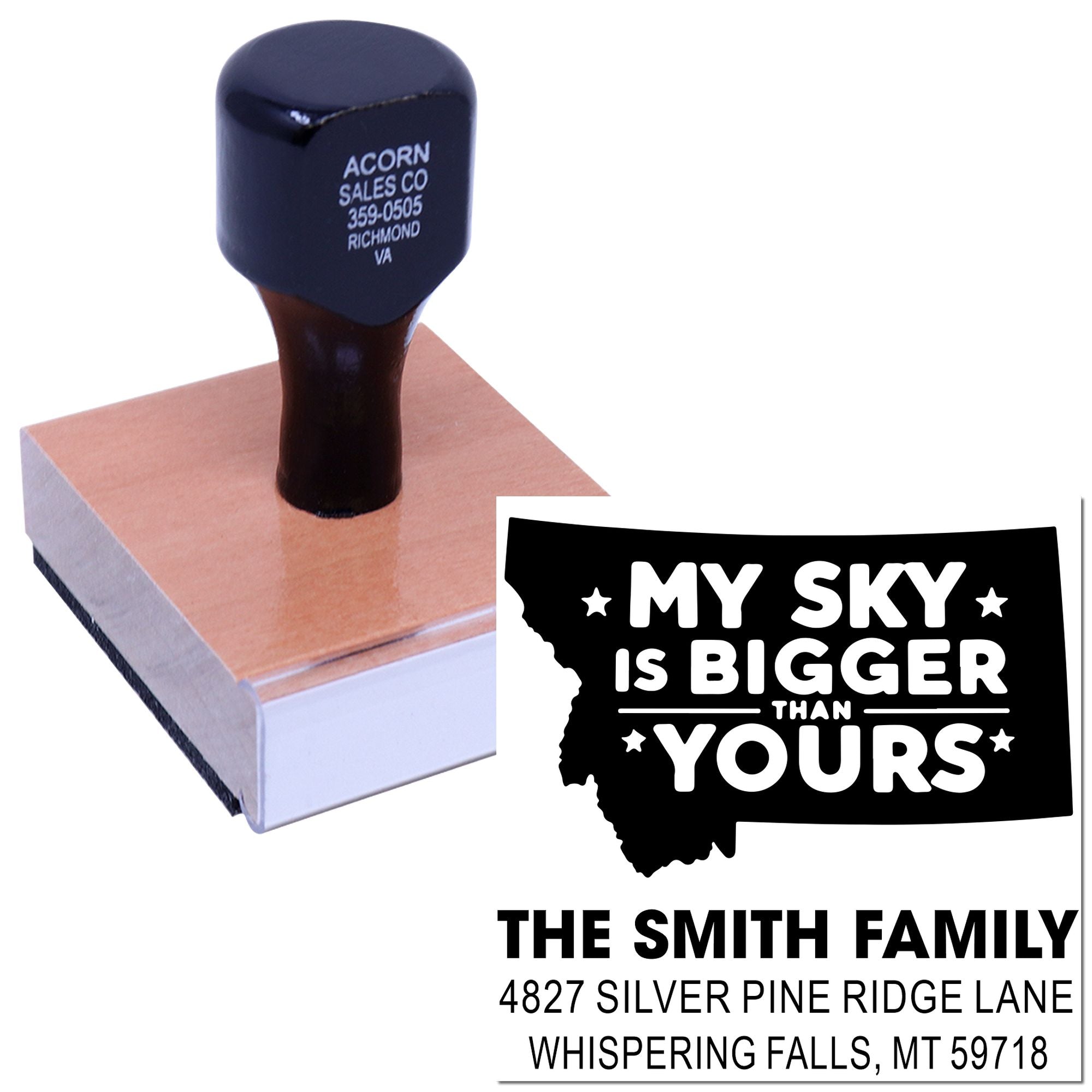 Custom rubber stamp mockup with Montana state design, quote, and family return address for personalized stamping.