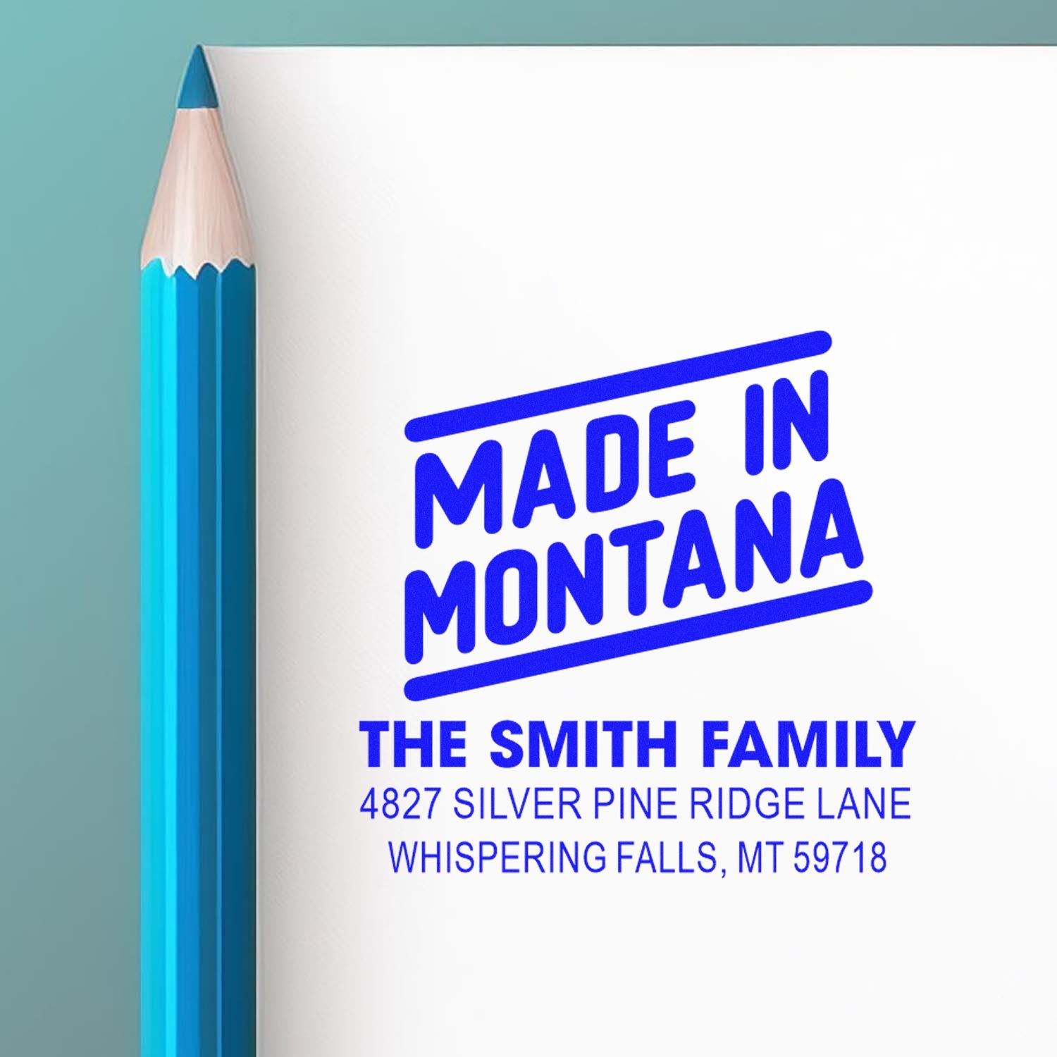 Made in Montana personalized rubber stamp mockup with family name and address for custom stationery.