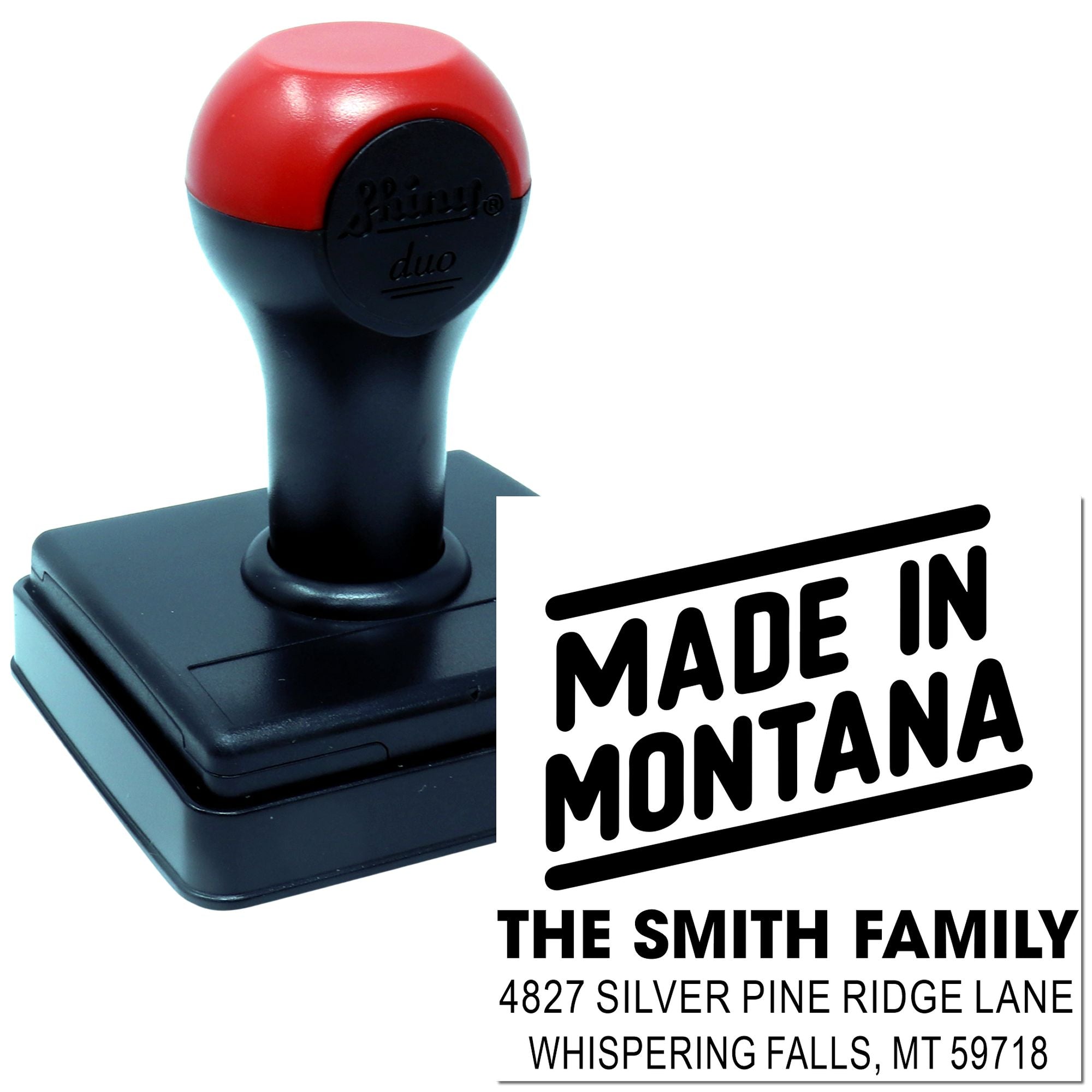 Custom self-inking rubber return address stamp with Made in Montana design for The Smith Family, Whispering Falls, MT.
