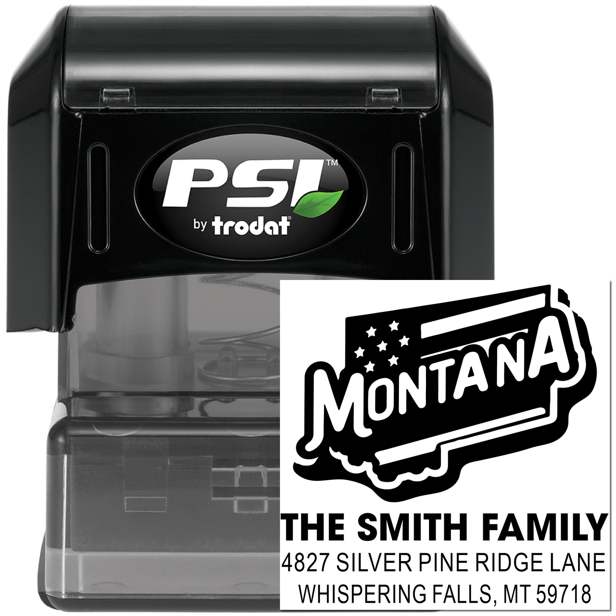 Custom Montana address rubber stamp by PSI by Trodat for The Smith Family return mail and personalized envelopes.