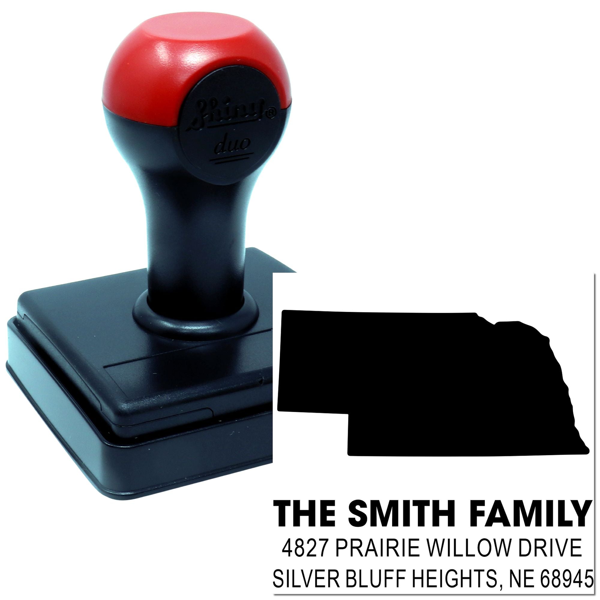 Custom self-inking rubber address stamp for The Smith Family, featuring return address for envelopes and mailings.