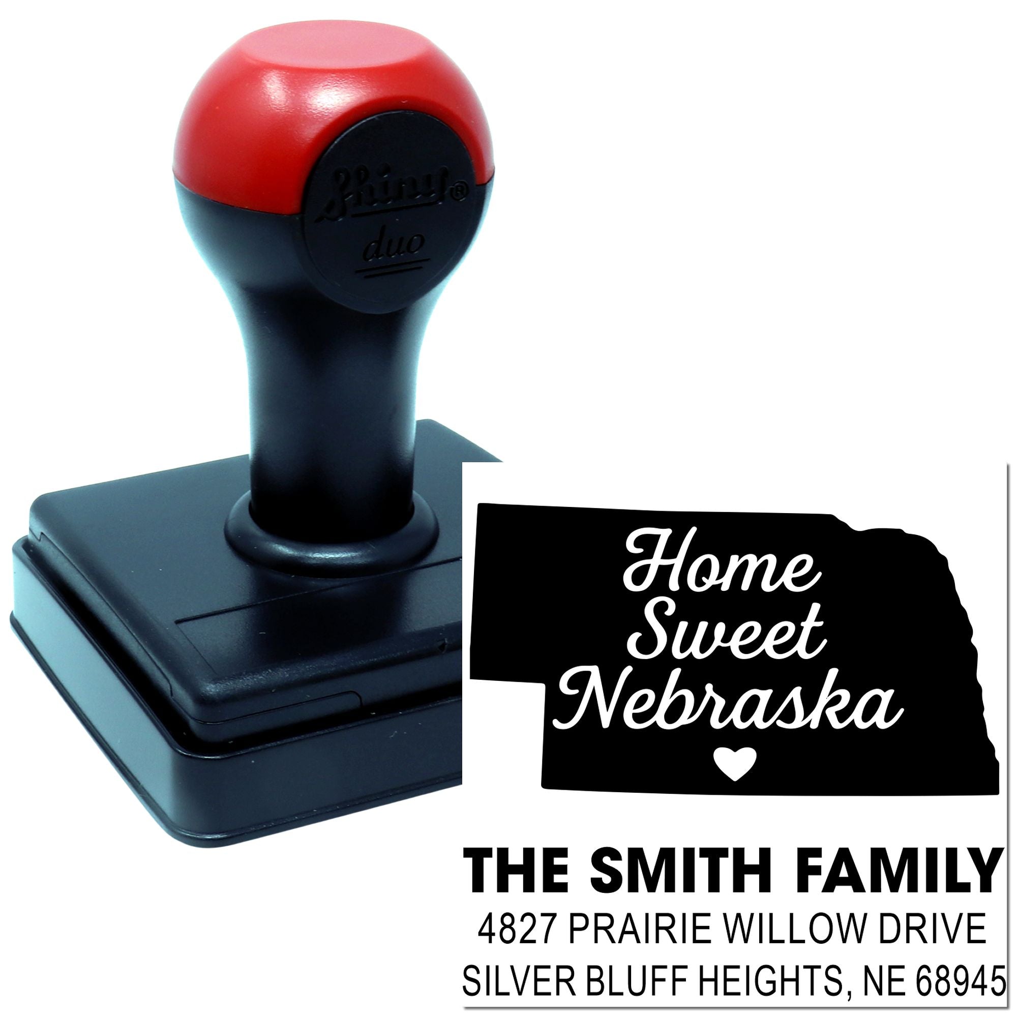 Custom address rubber stamp with Nebraska design for The Smith Family, 4827 Prairie Willow Drive, Silver Bluff Heights, NE 68945