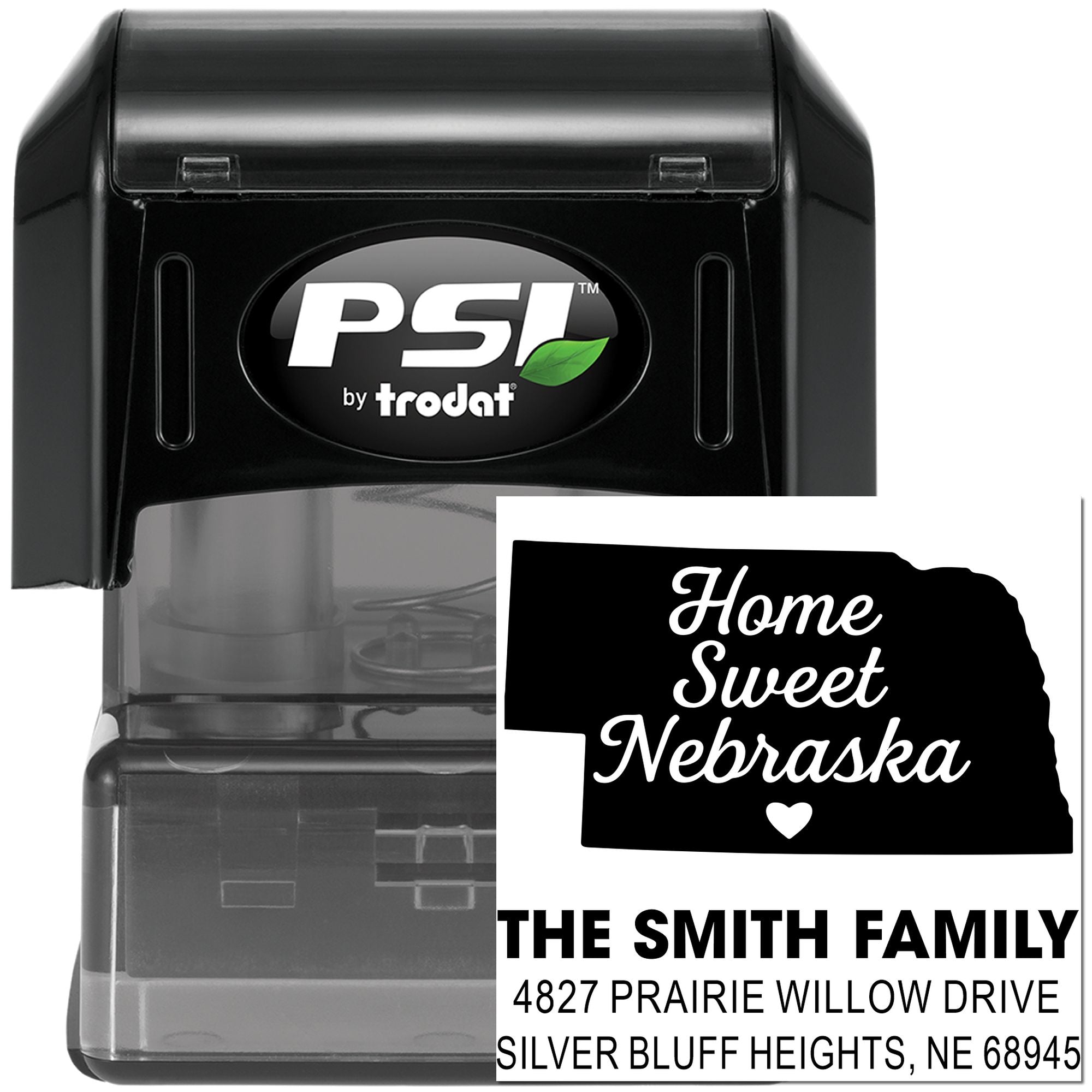 PSI by Trodat self-inking rubber stamp with custom Nebraska home and address designs for personalized mailings.