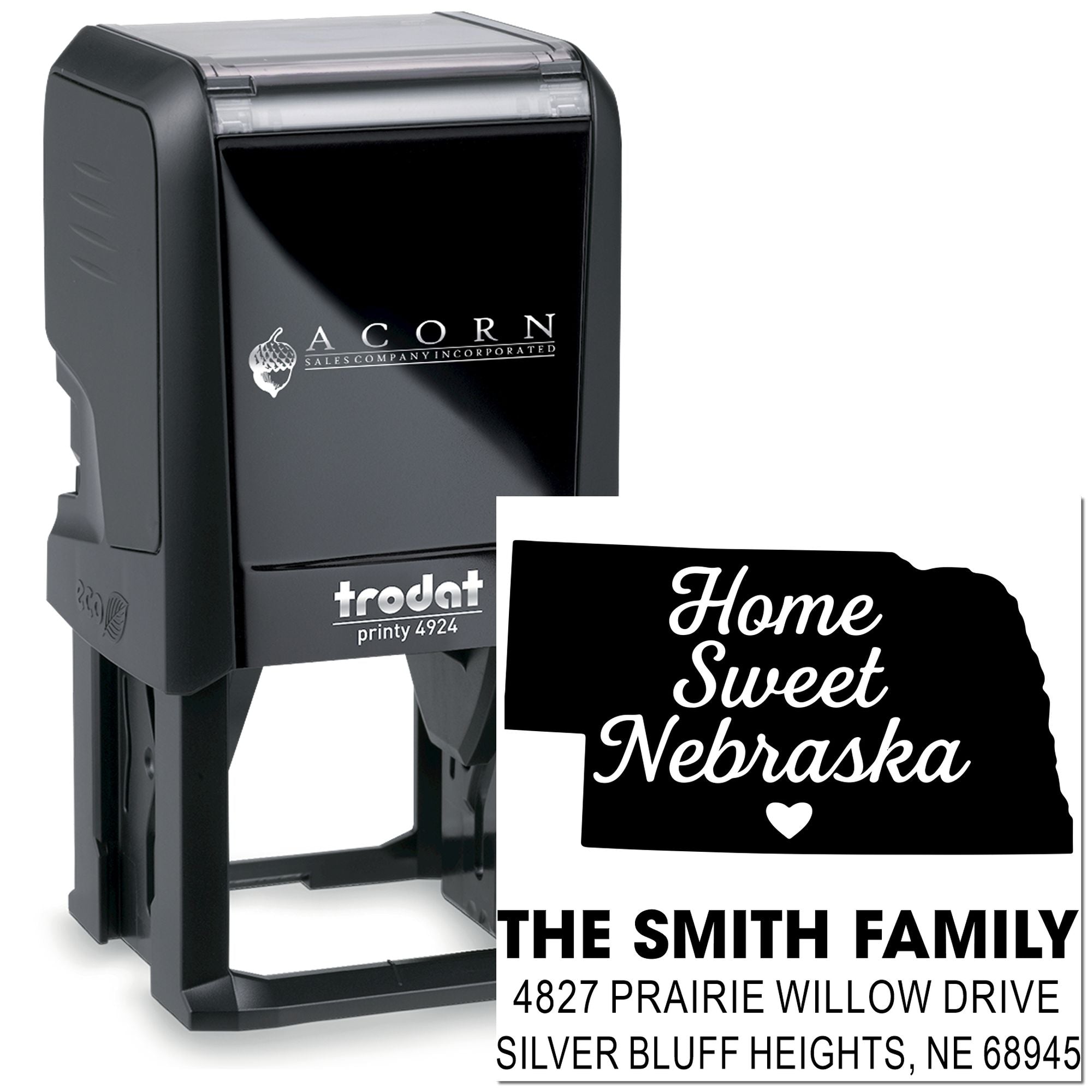 Custom self-inking rubber stamp with Nebraska state design, Home Sweet Nebraska, and Smith Family return address.