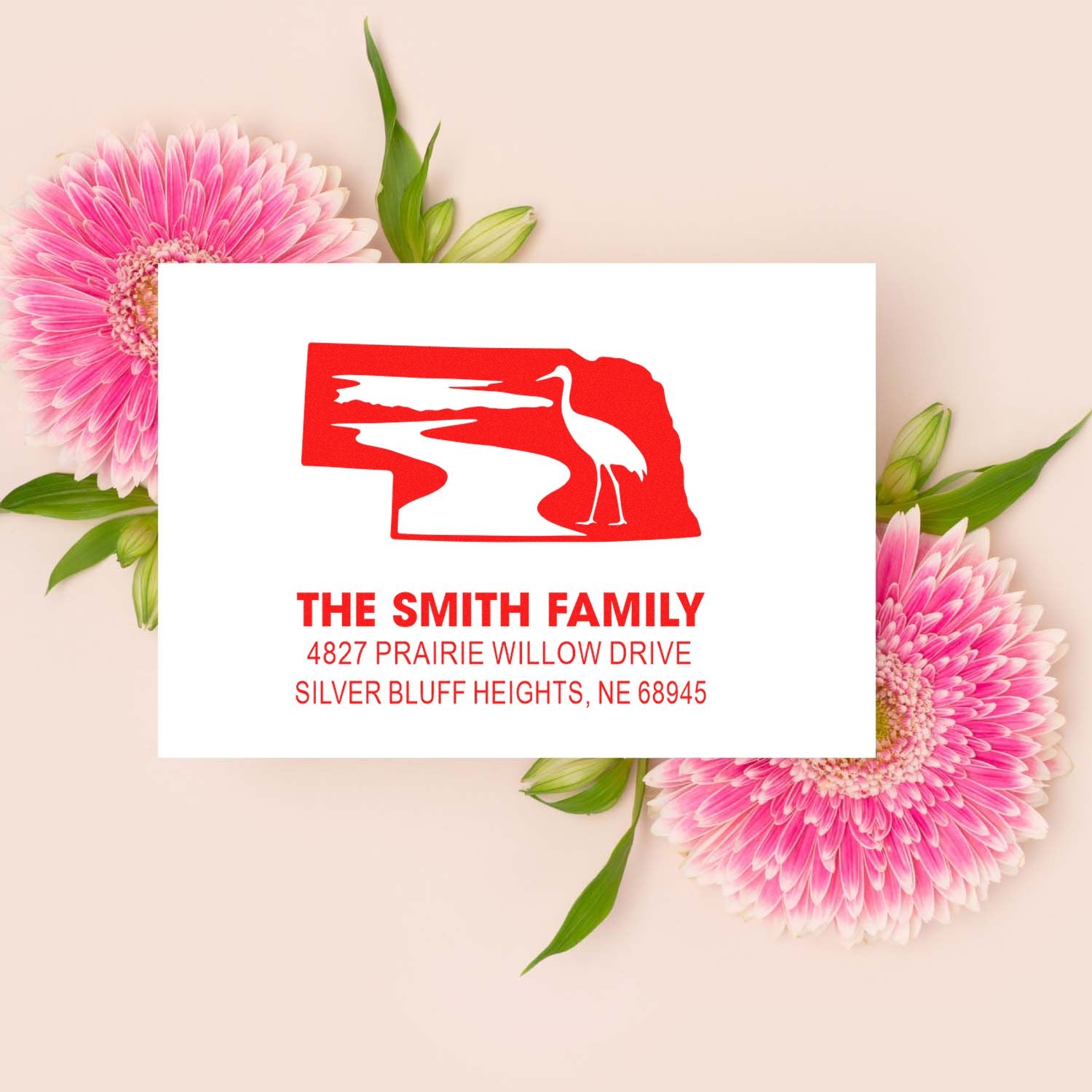Custom Nebraska family return address rubber stamp with crane design and Smith Family address for envelopes.