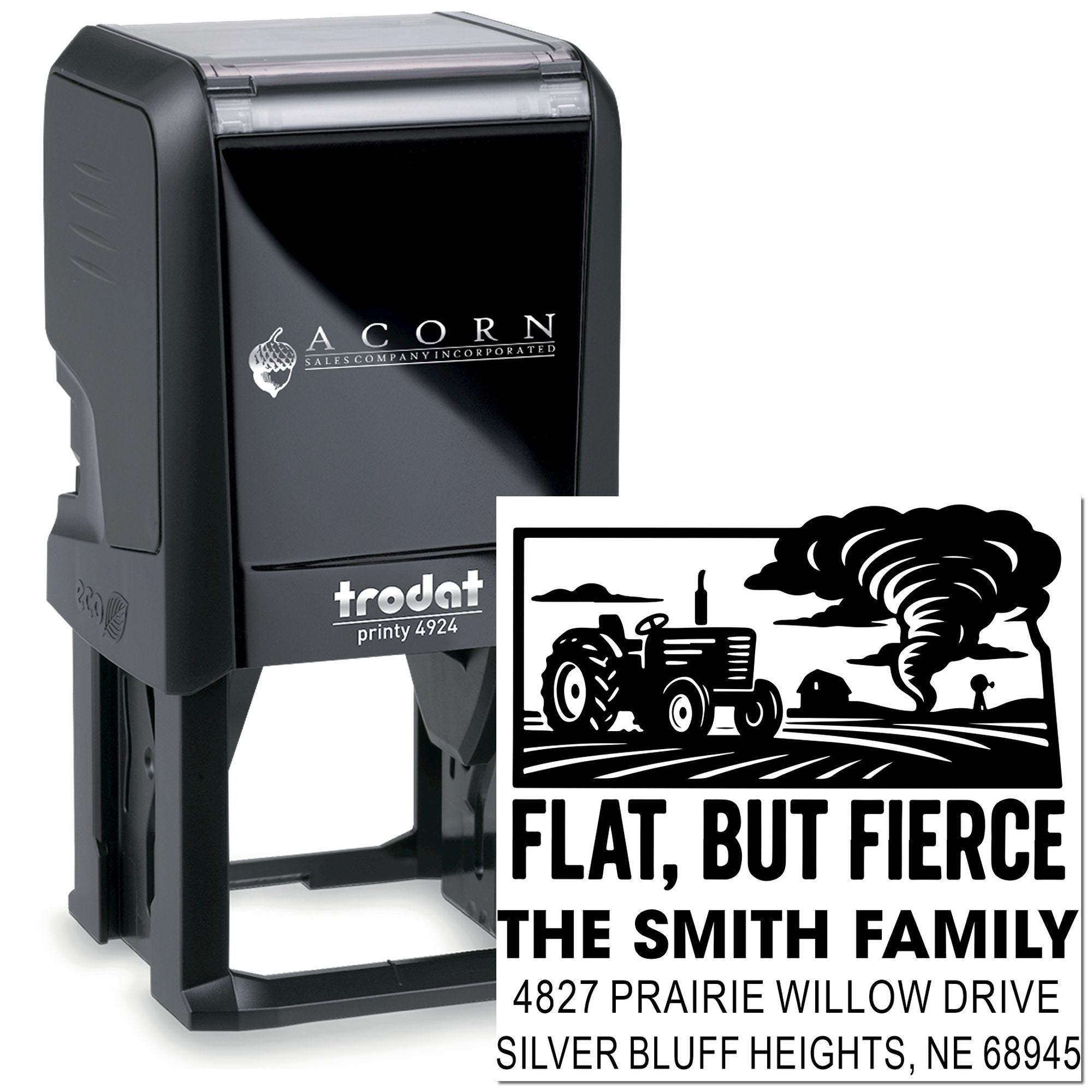 Custom self-inking rubber address stamp with tractor design for farm family mailings and personalized return addresses.