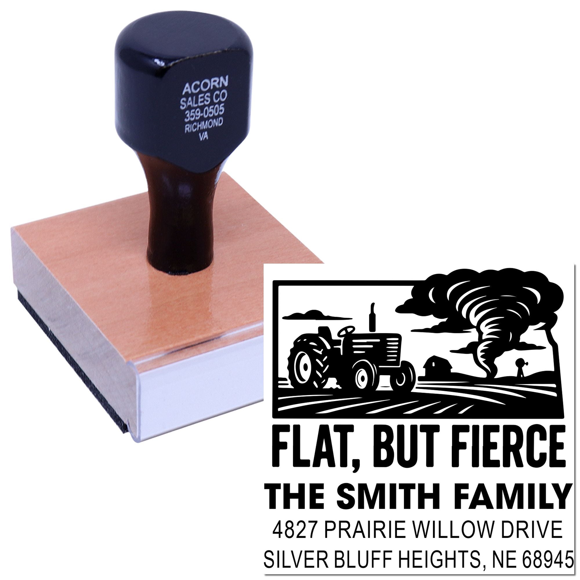Custom rubber stamp with farm tractor design and return address for family mail, business branding, or invitations.