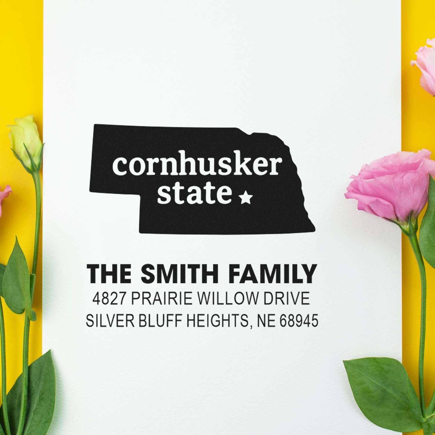 Personalized Nebraska return address rubber stamp with Cornhusker State design for The Smith Family, Silver Bluff Heights, NE.