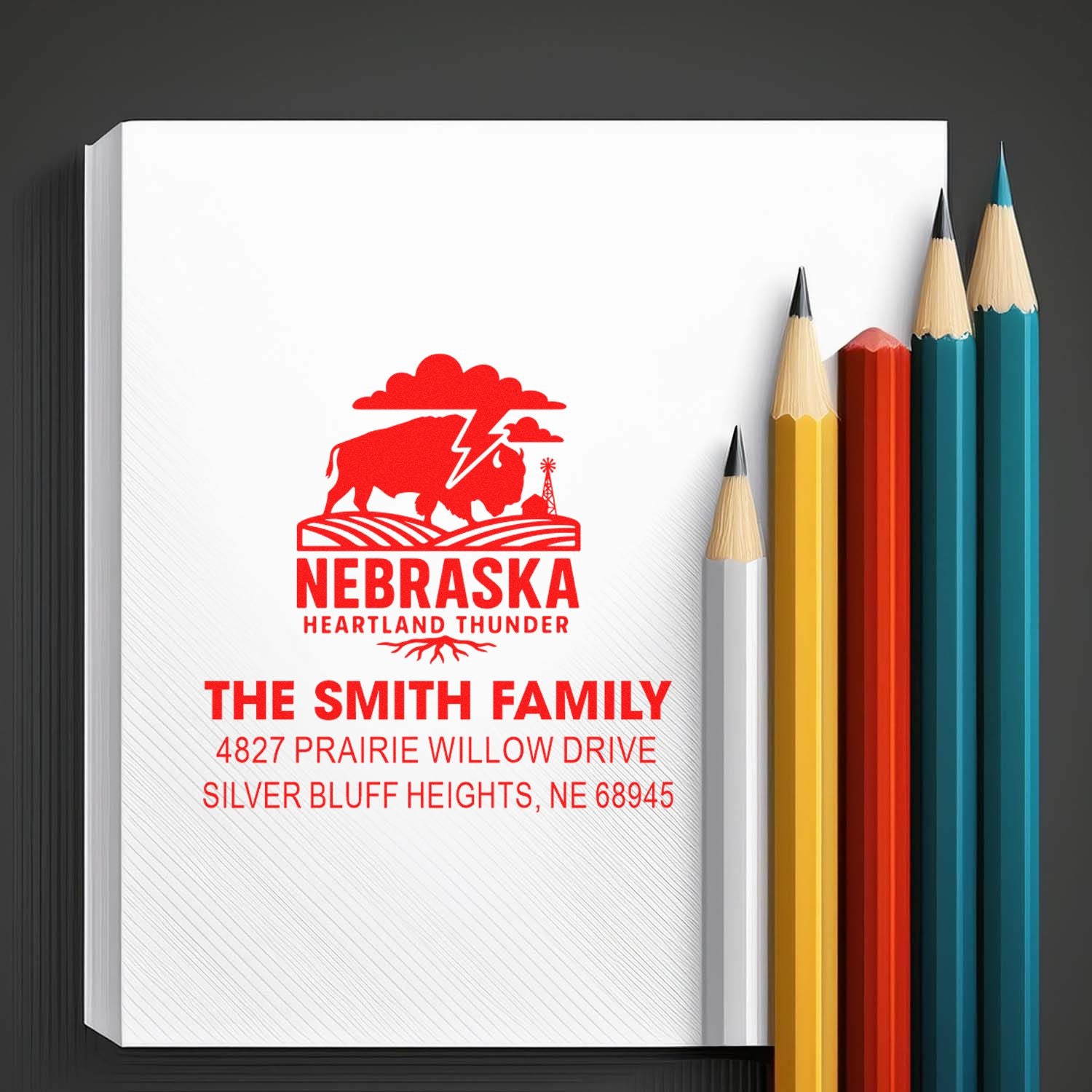 Custom Nebraska family address rubber stamp with Heartland Thunder design for personalized mail and stationery.