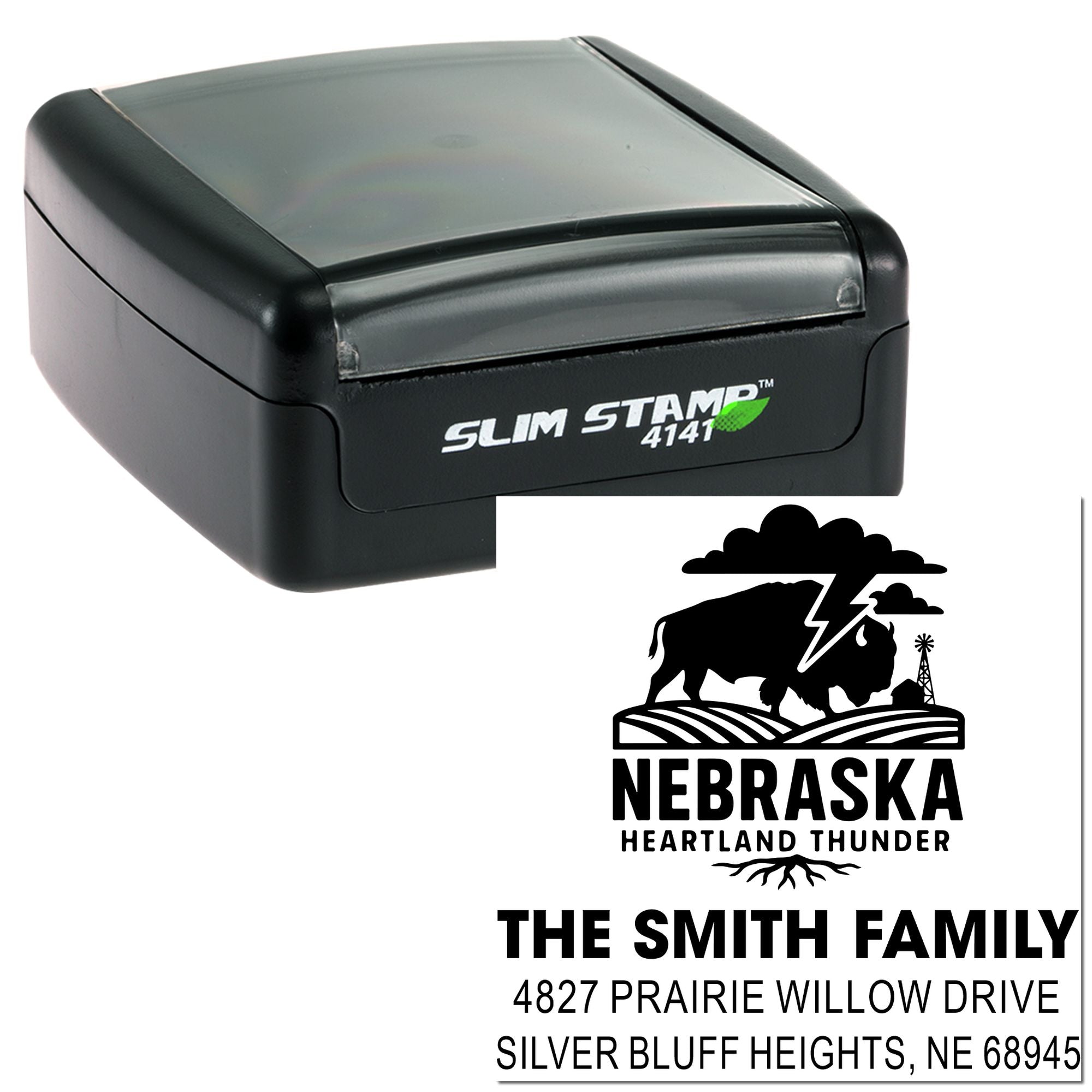 Slim Stamp 4141 self-inking rubber stamp with custom Nebraska Heartland Thunder family address design