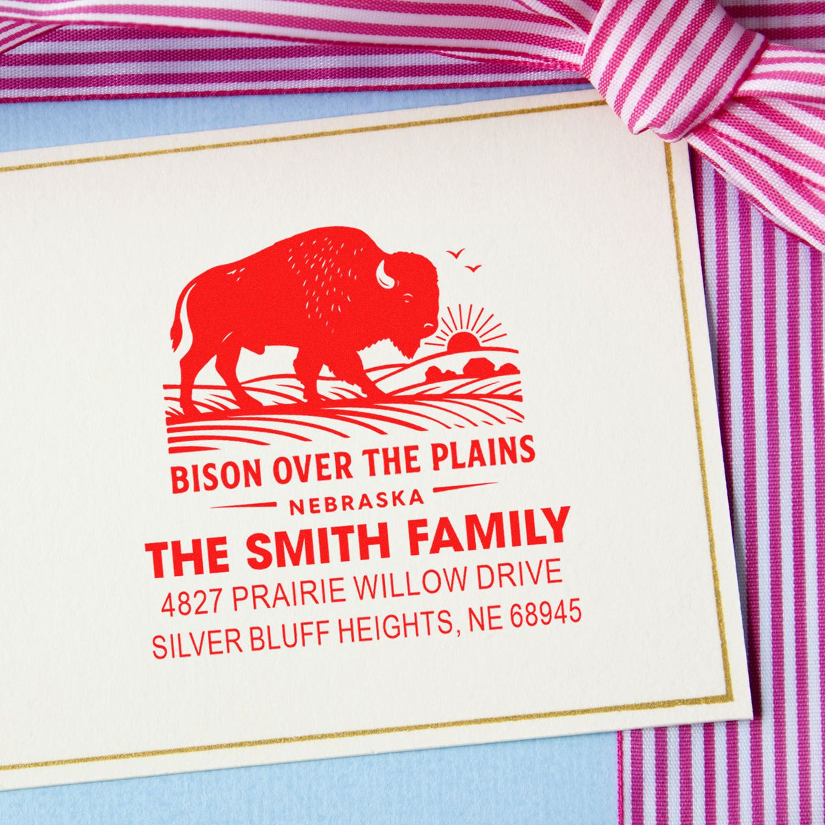 Custom bison return address rubber stamp for The Smith Family, Nebraska home address stamp.