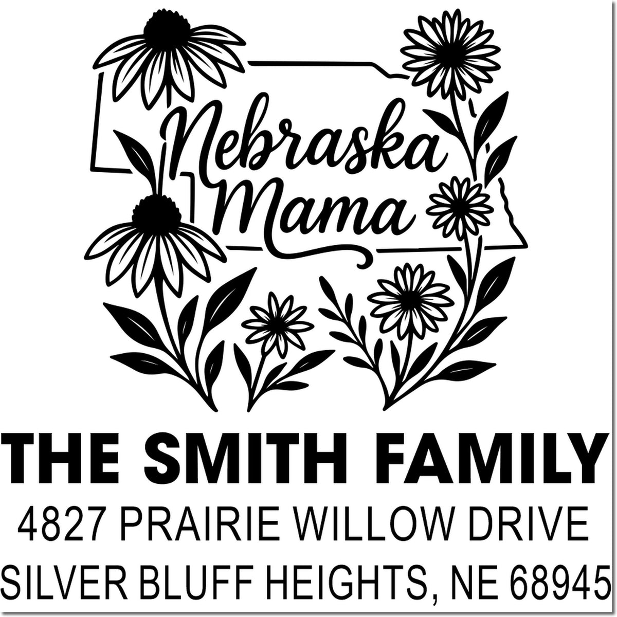 Custom Nebraska Mama return address rubber stamp with floral state design for The Smith Family, Silver Bluff Heights, NE
